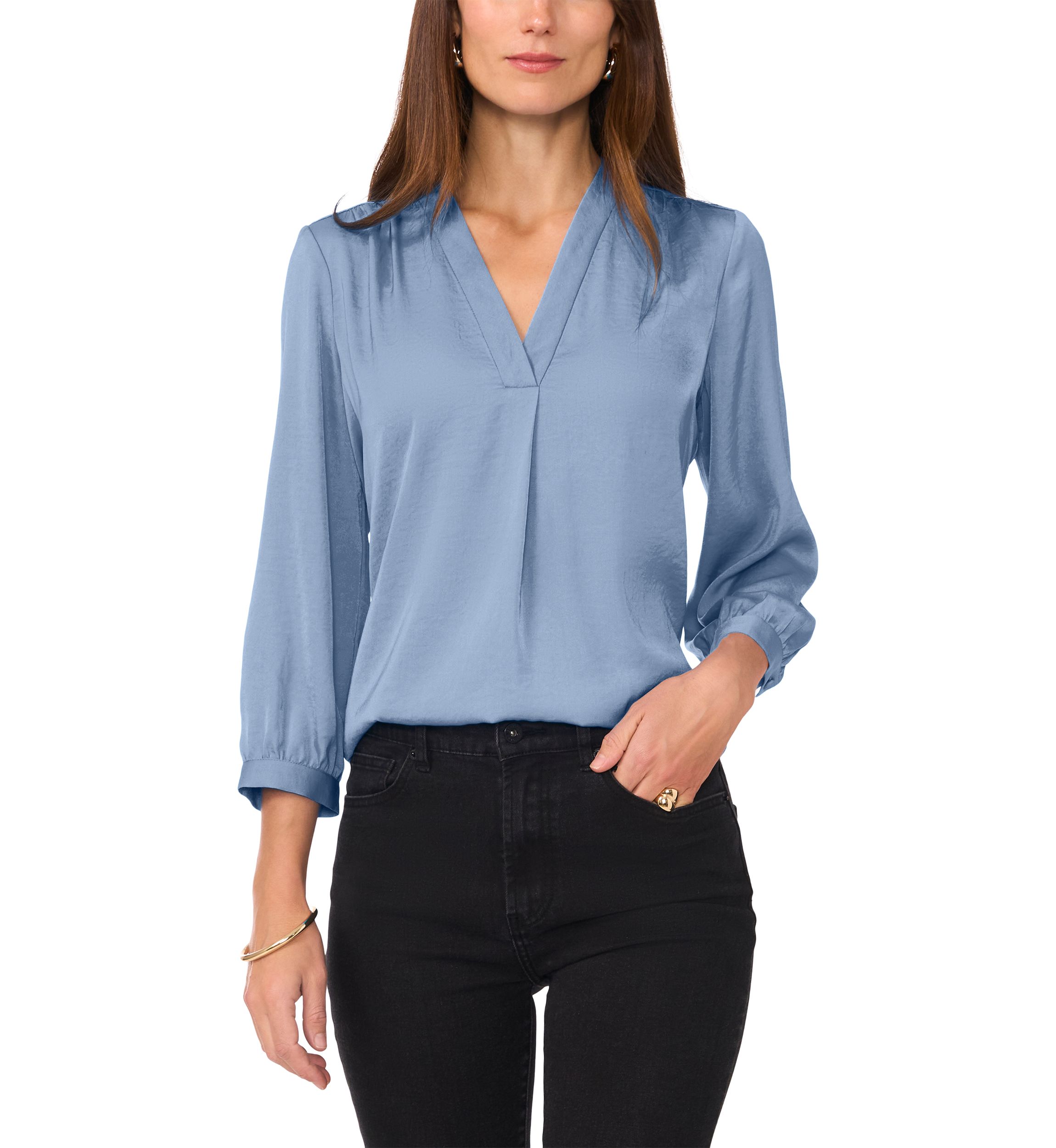 Womens 3/4 Sleeve Split Neck Rumple Blouse