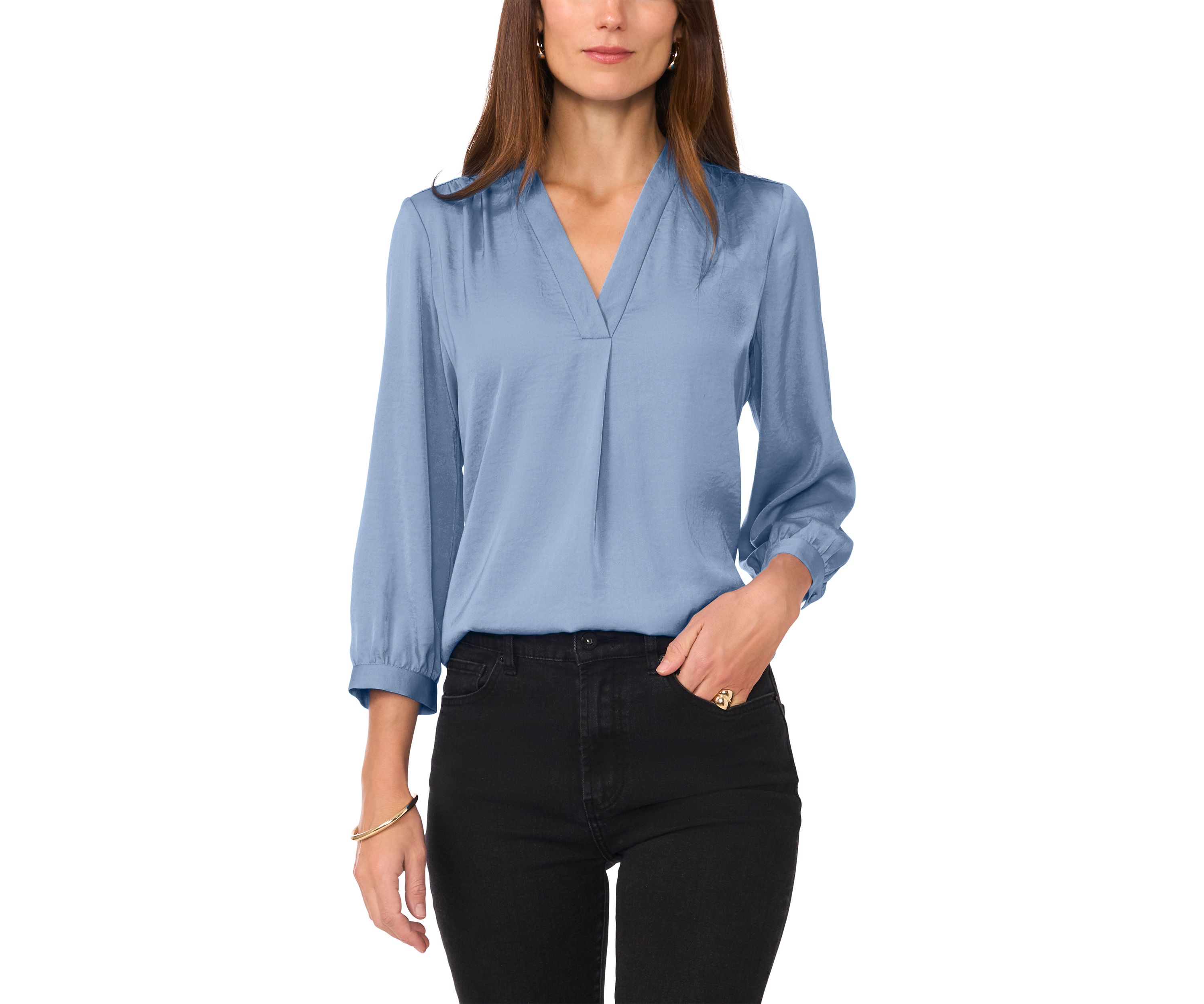 Womens 3/4 Sleeve Split Neck Rumple Blouse