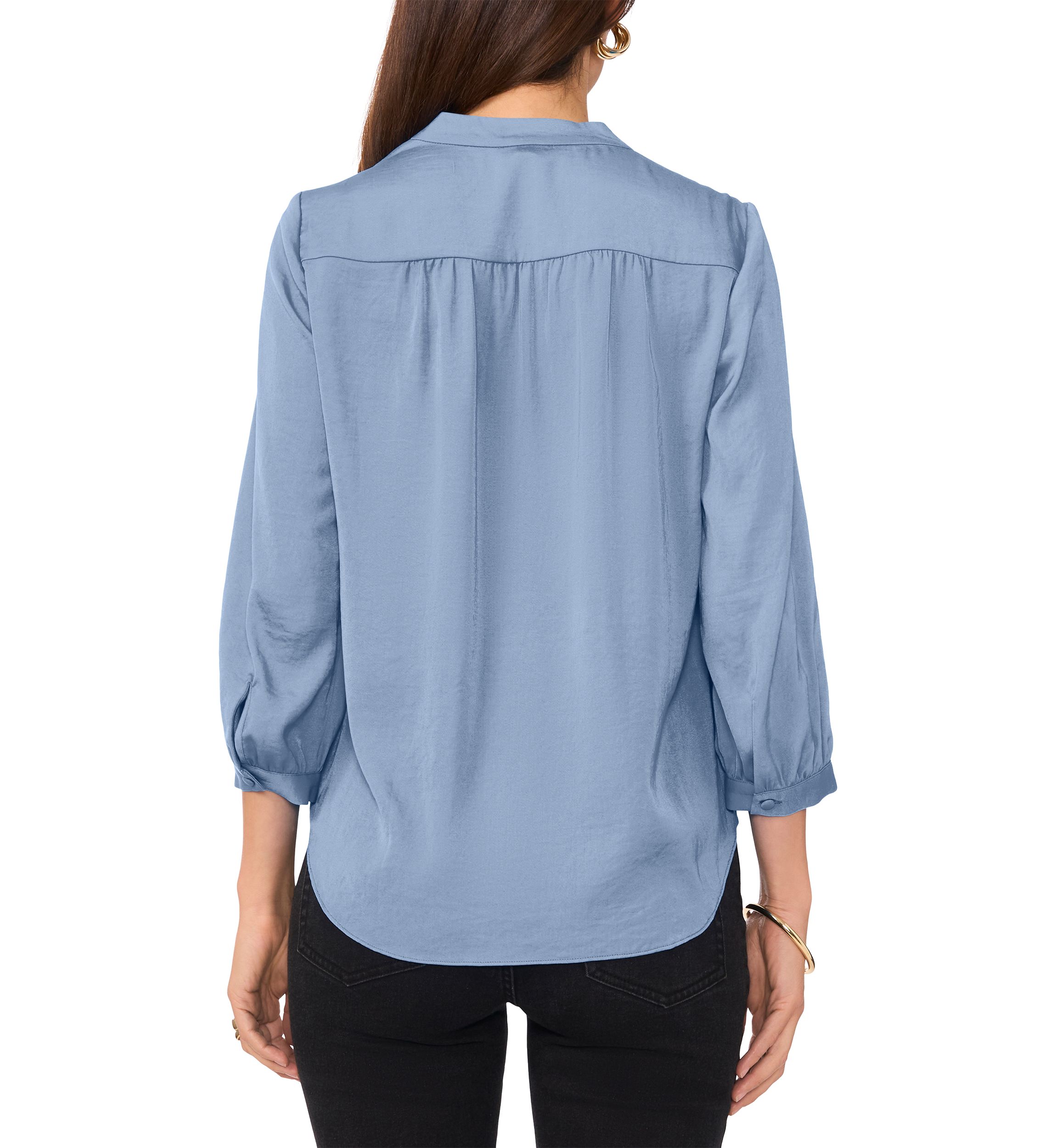 Womens 3/4 Sleeve Split Neck Rumple Blouse