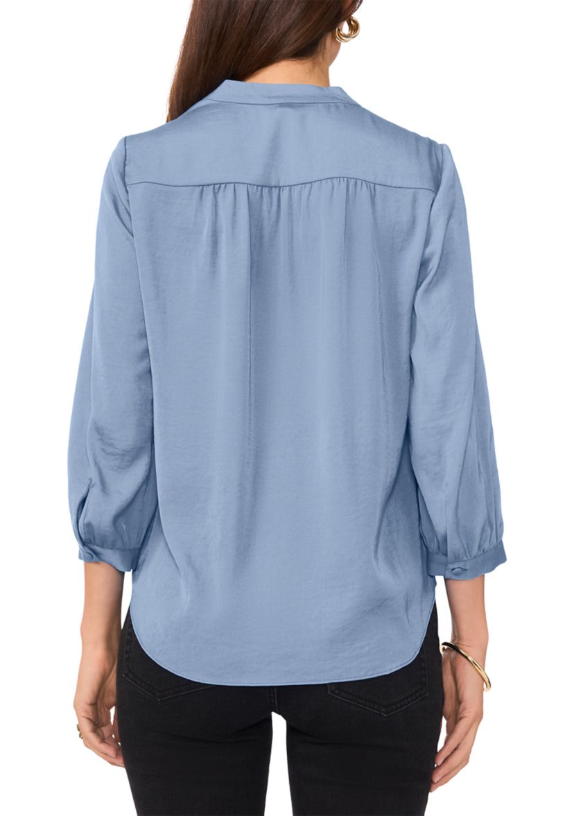 Womens 3/4 Sleeve Split Neck Rumple Blouse
