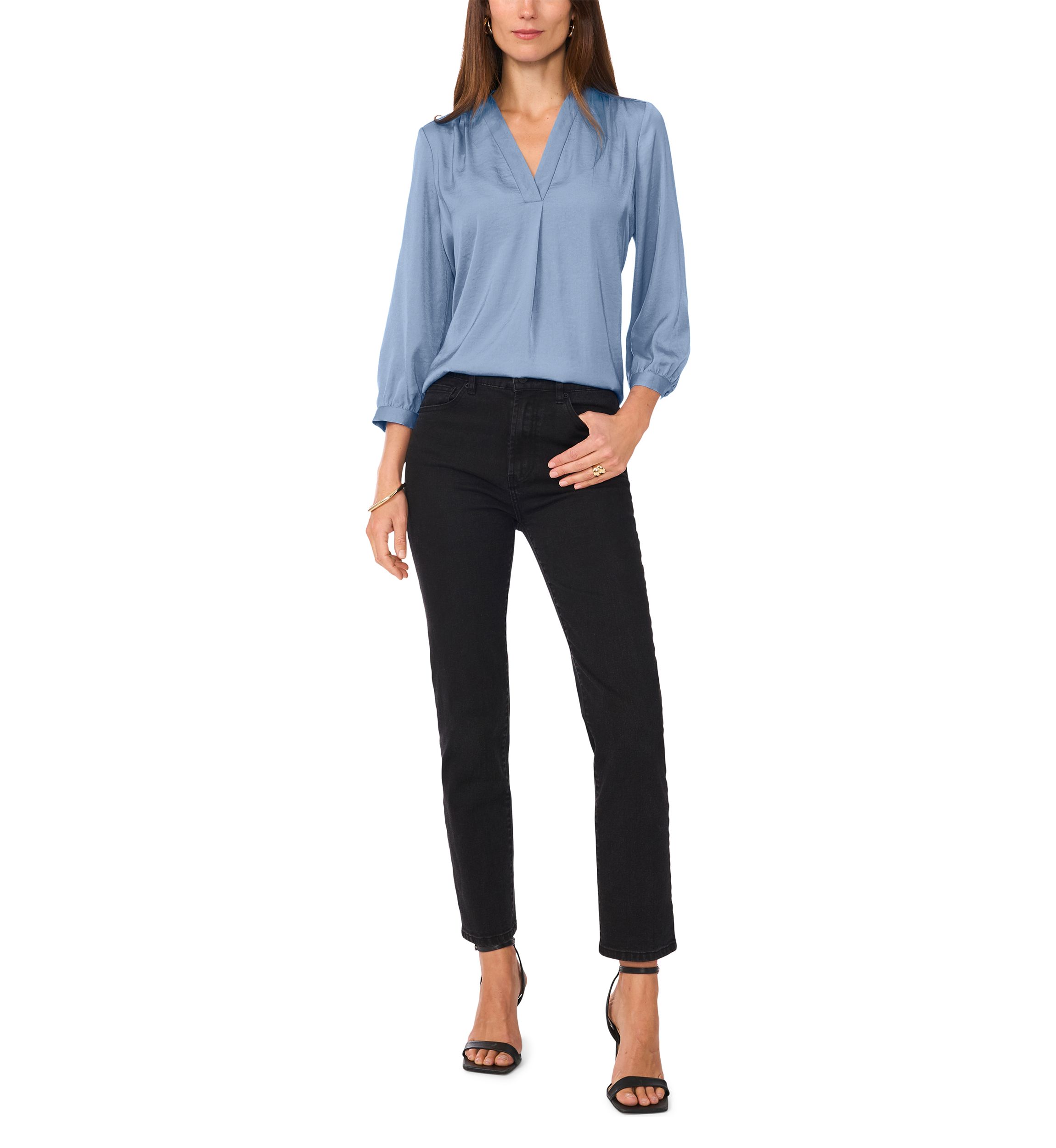 Womens 3/4 Sleeve Split Neck Rumple Blouse