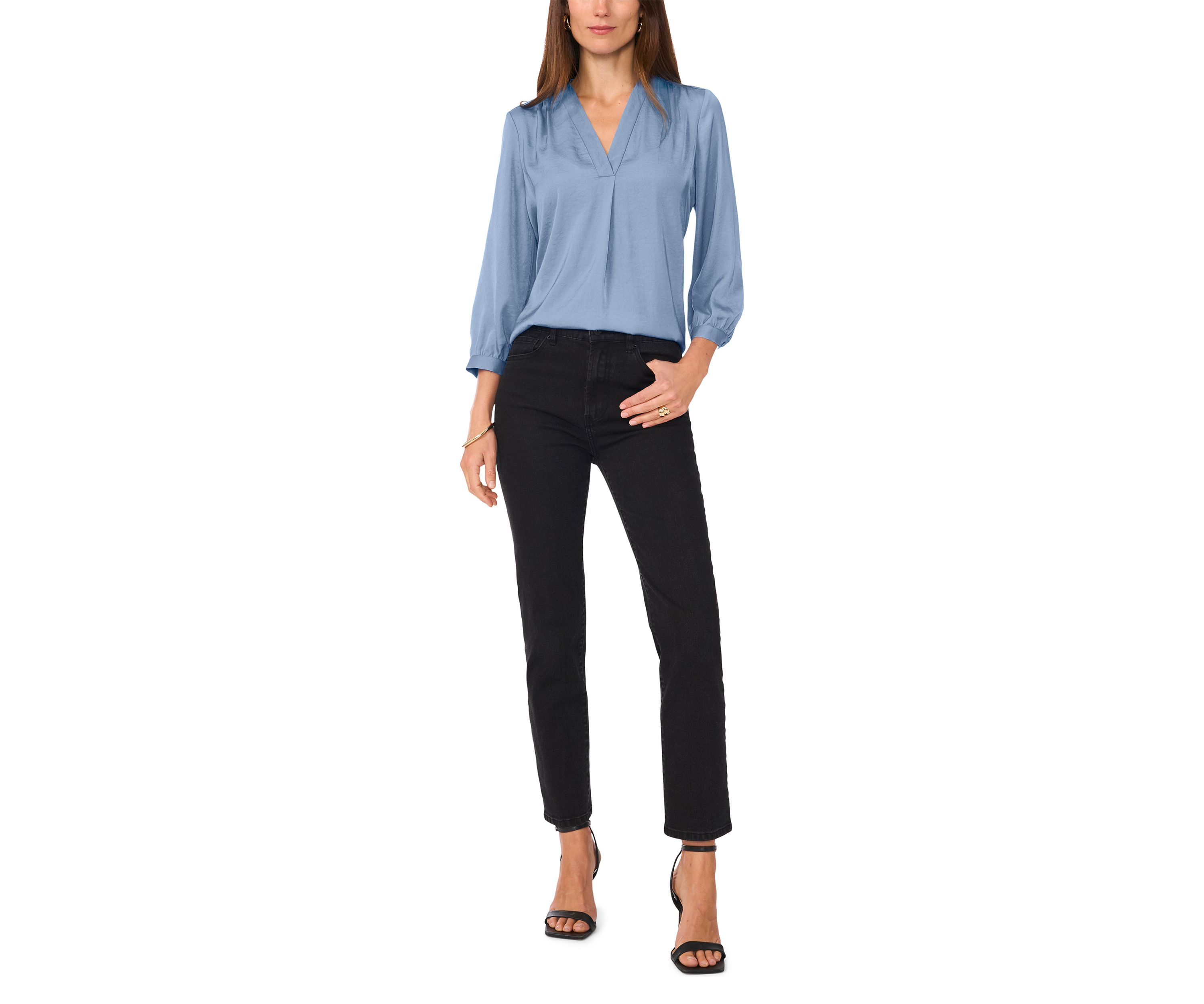 Womens 3/4 Sleeve Split Neck Rumple Blouse