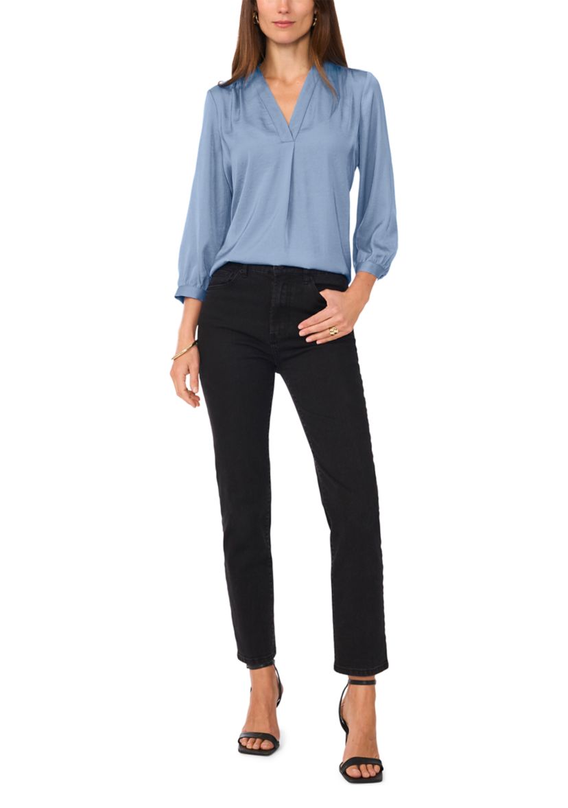 Womens 3/4 Sleeve Split Neck Rumple Blouse