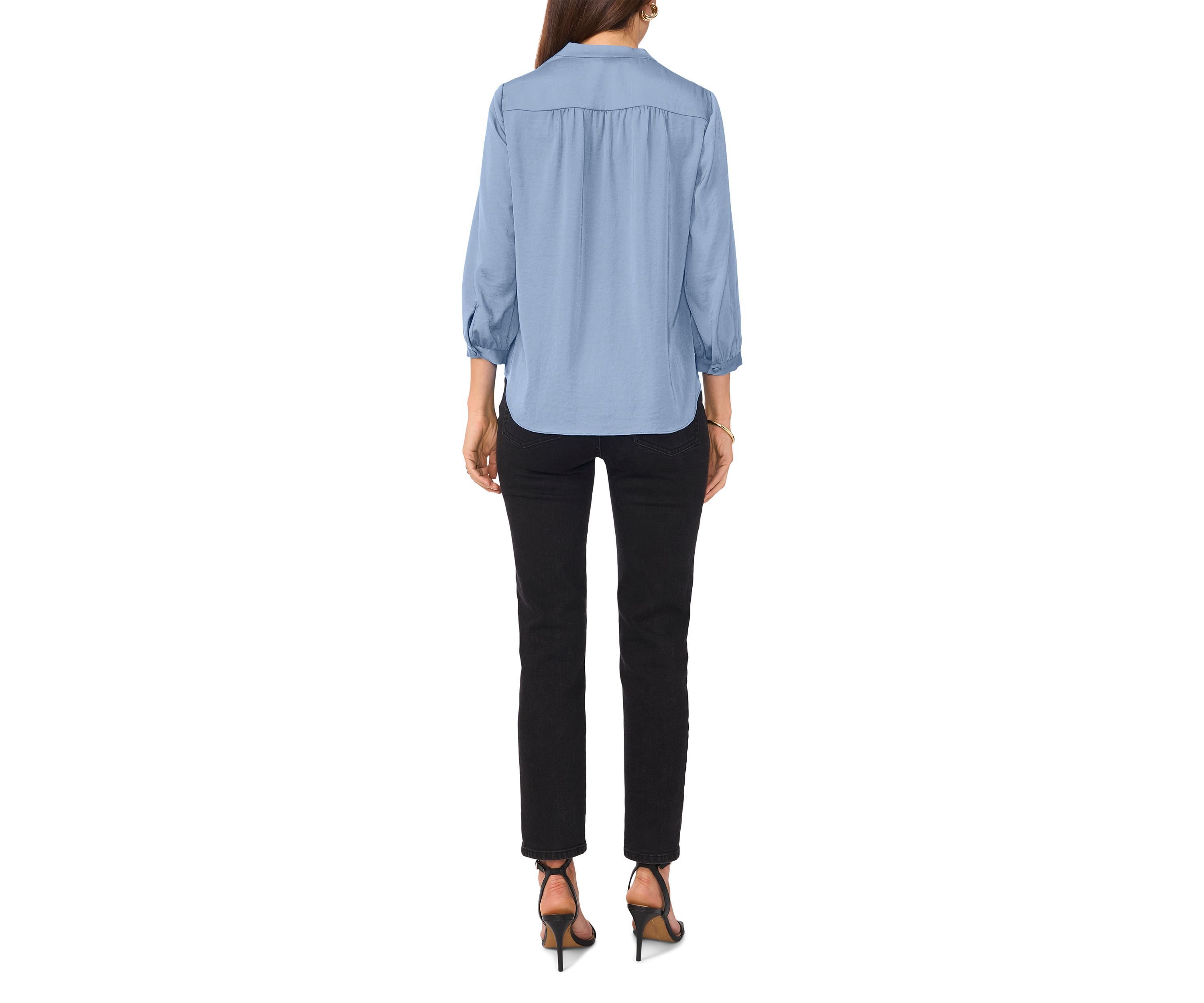 Womens 3/4 Sleeve Split Neck Rumple Blouse