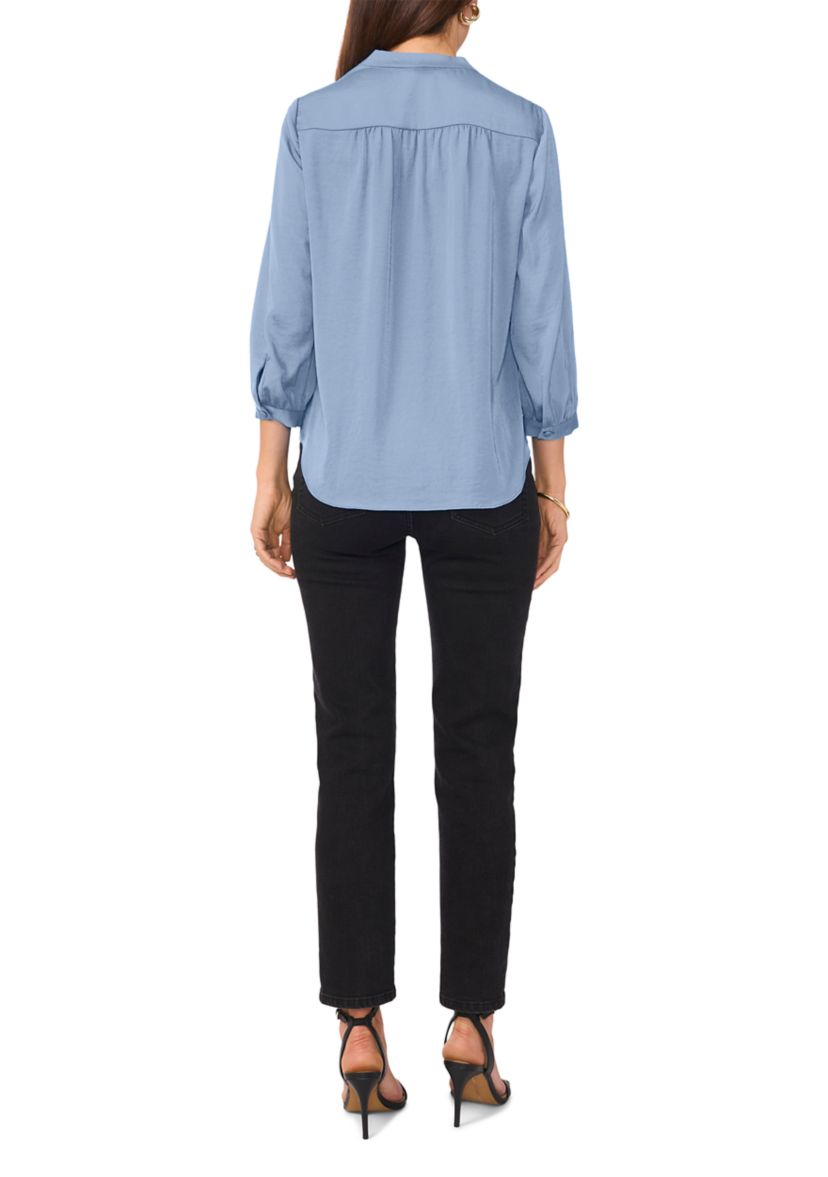 Womens 3/4 Sleeve Split Neck Rumple Blouse