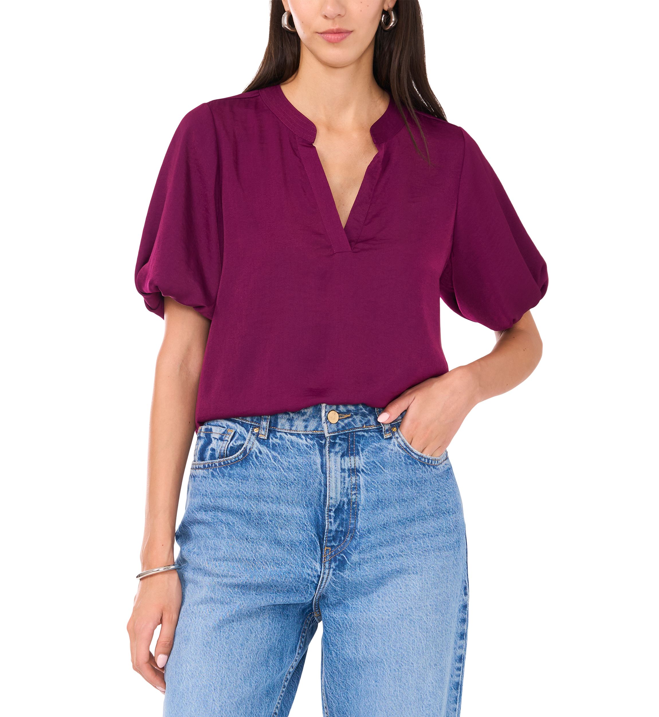 Womens Puff Sleeve Split Neck Blouse