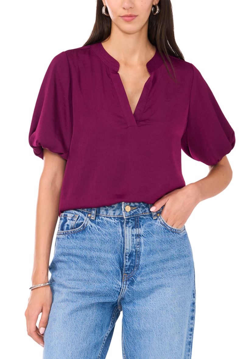 Womens Puff Sleeve Split Neck Blouse