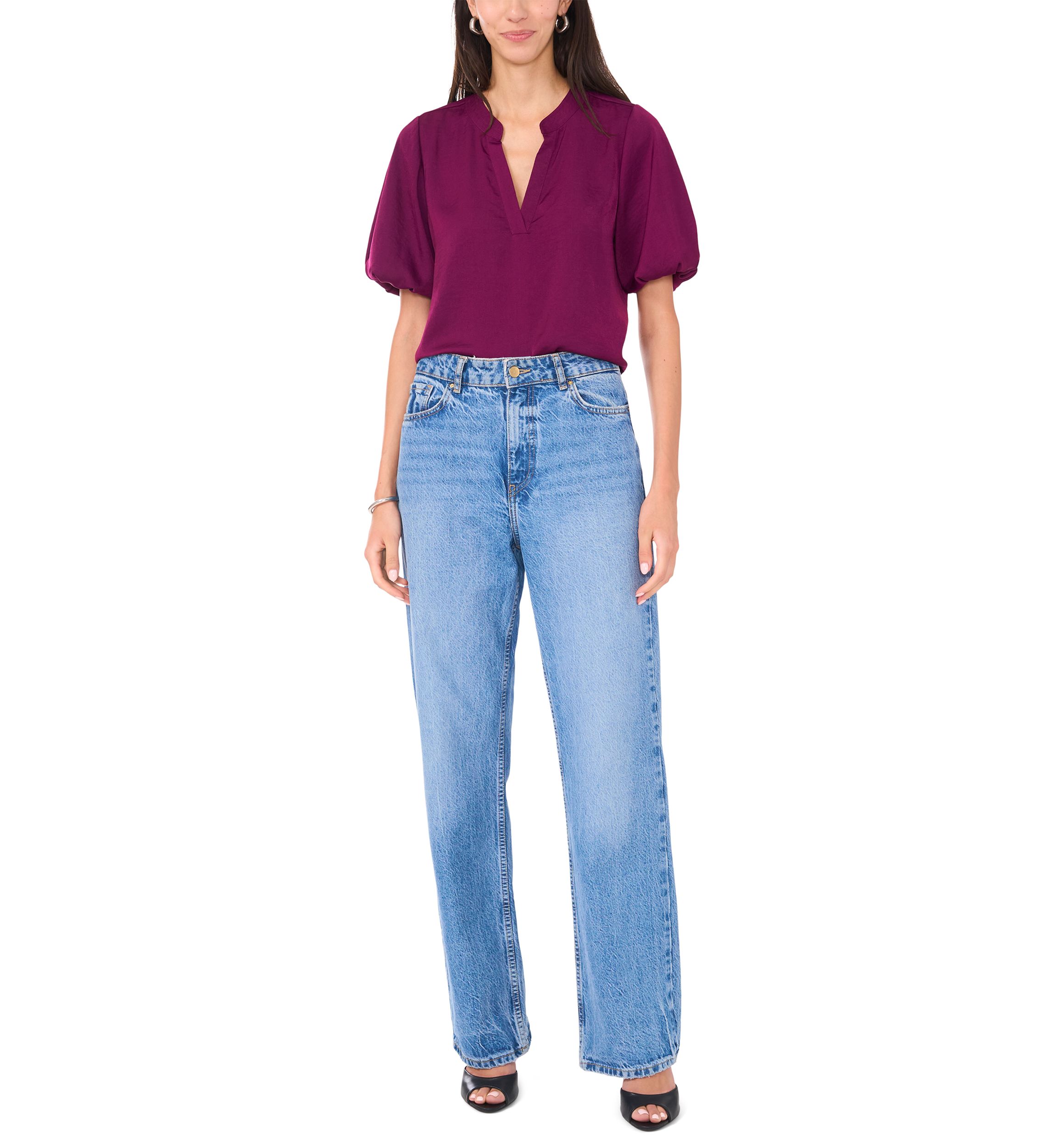 Womens Puff Sleeve Split Neck Blouse