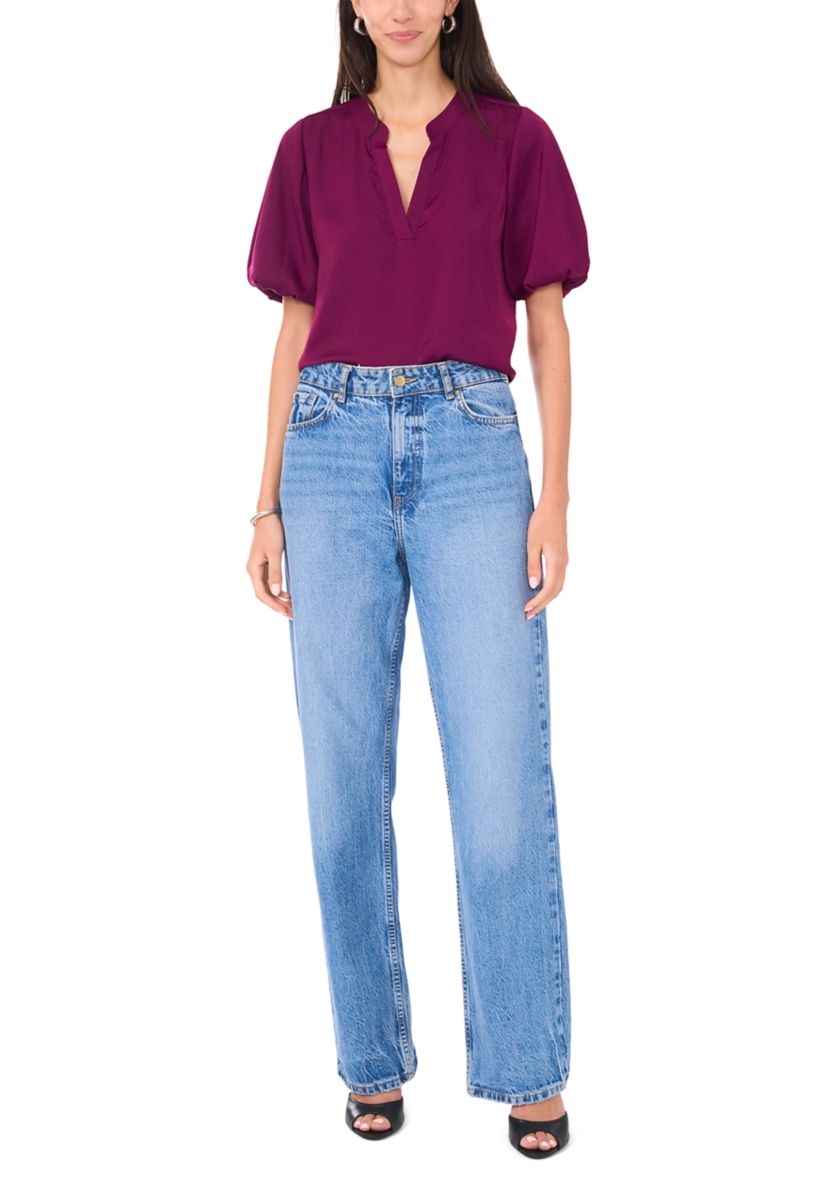 Womens Puff Sleeve Split Neck Blouse