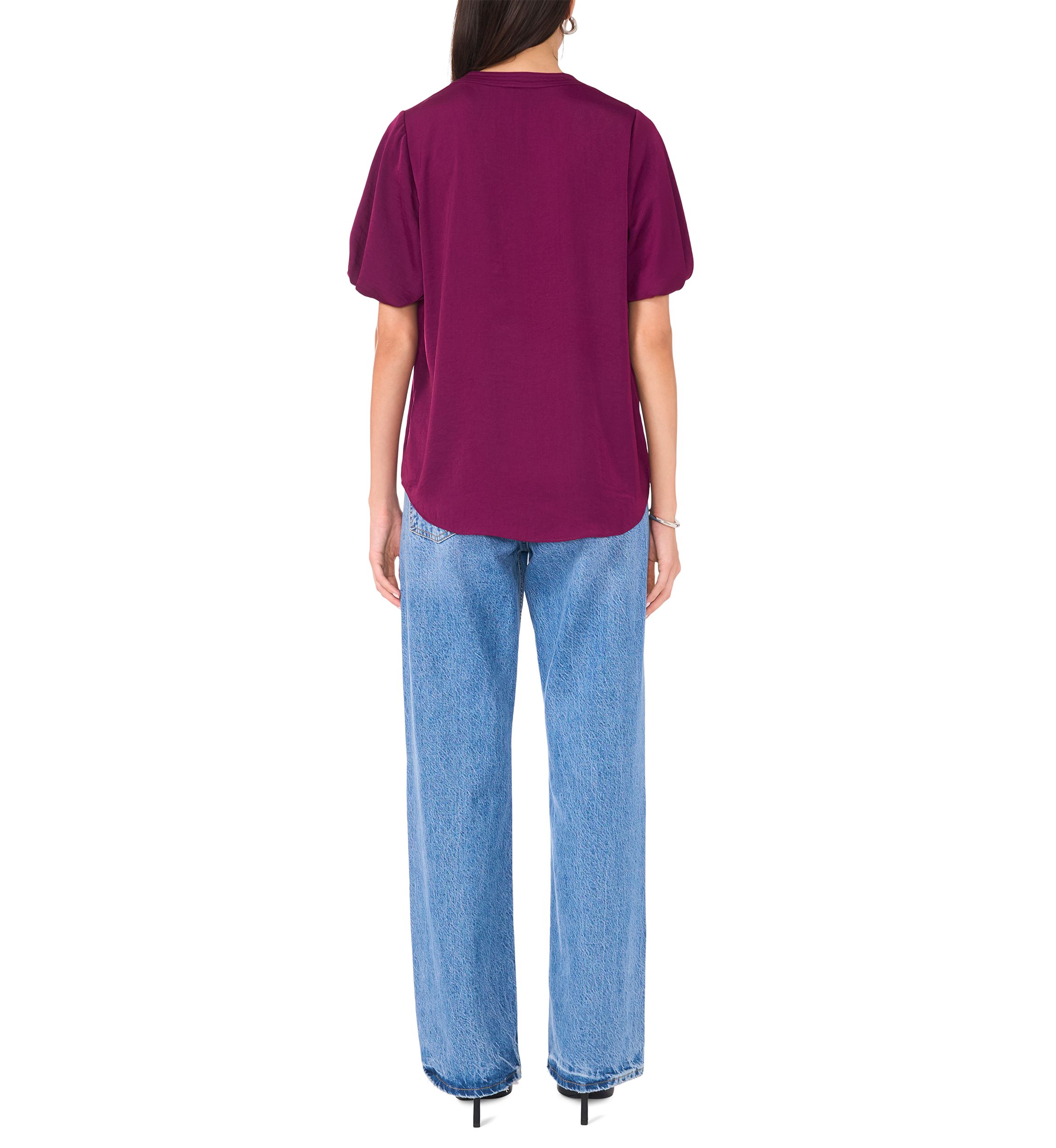 Womens Puff Sleeve Split Neck Blouse