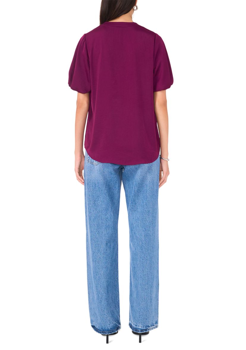 Womens Puff Sleeve Split Neck Blouse