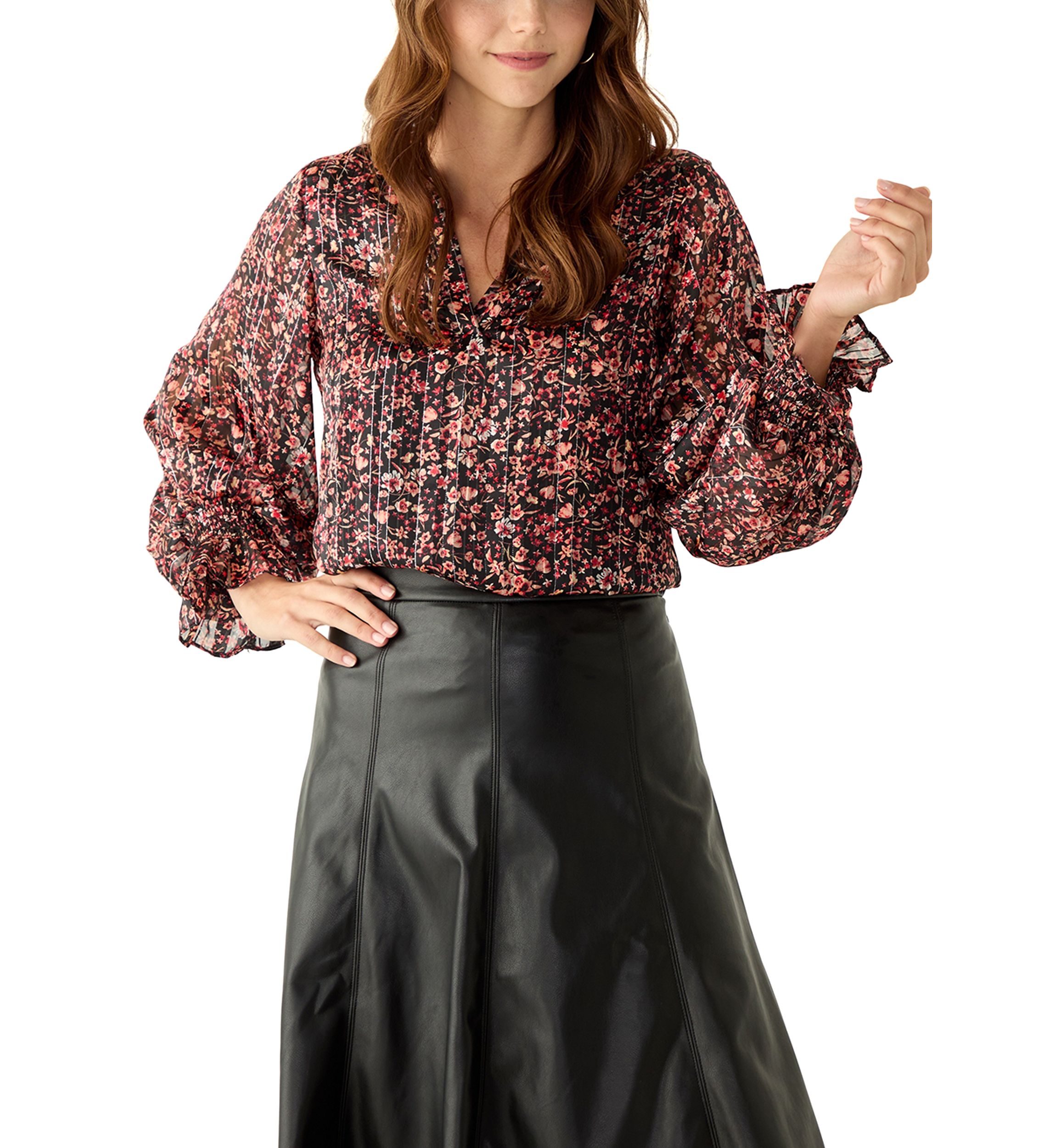 Womens Long Sleeve Split Neck Floral Blouse