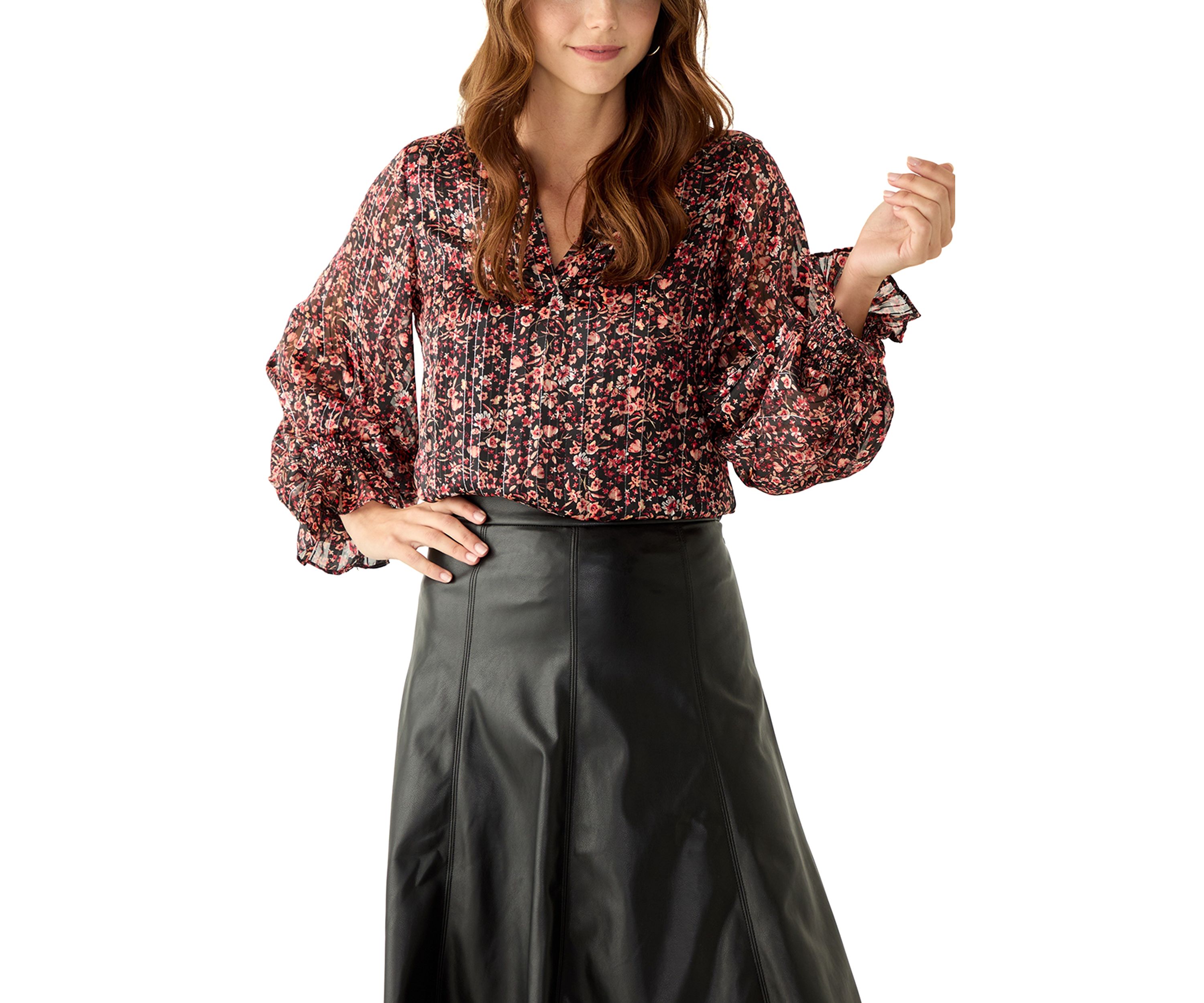 Womens Long Sleeve Split Neck Floral Blouse