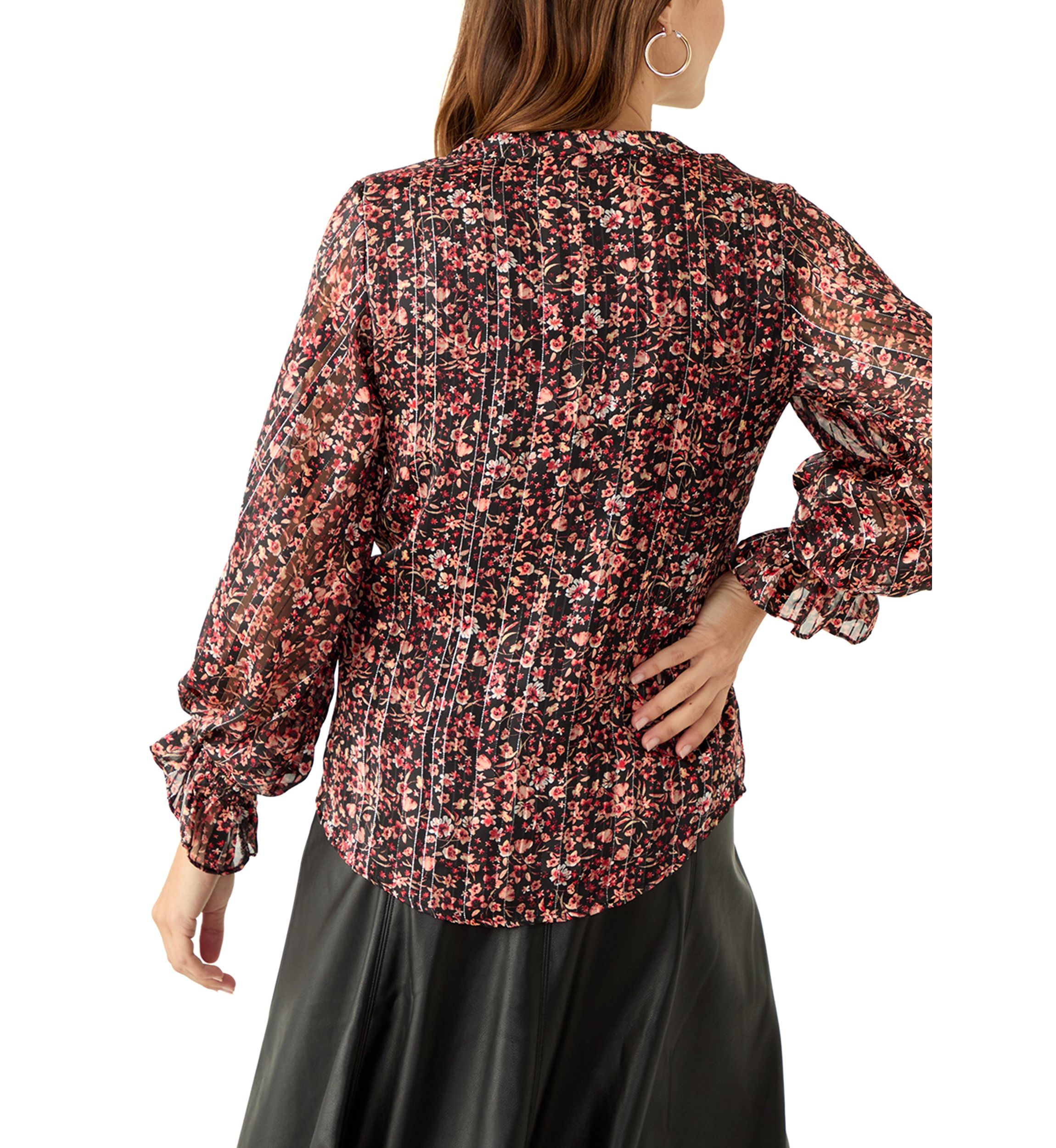 Womens Long Sleeve Split Neck Floral Blouse
