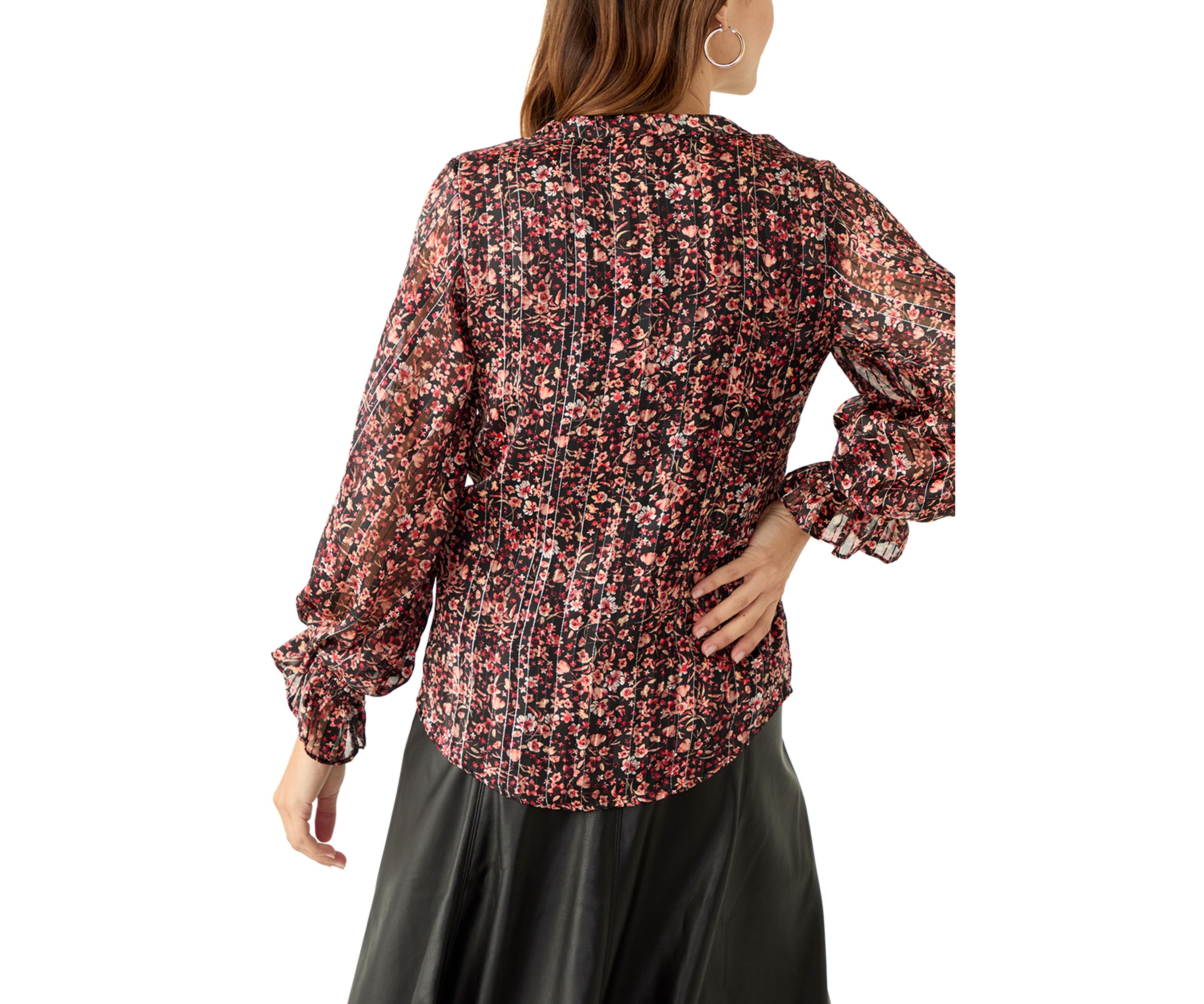 Womens Long Sleeve Split Neck Floral Blouse
