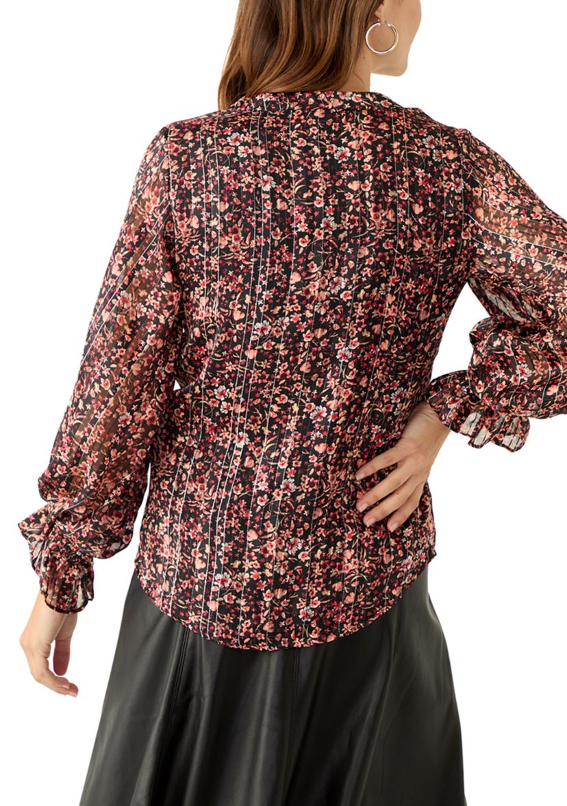 Womens Long Sleeve Split Neck Floral Blouse
