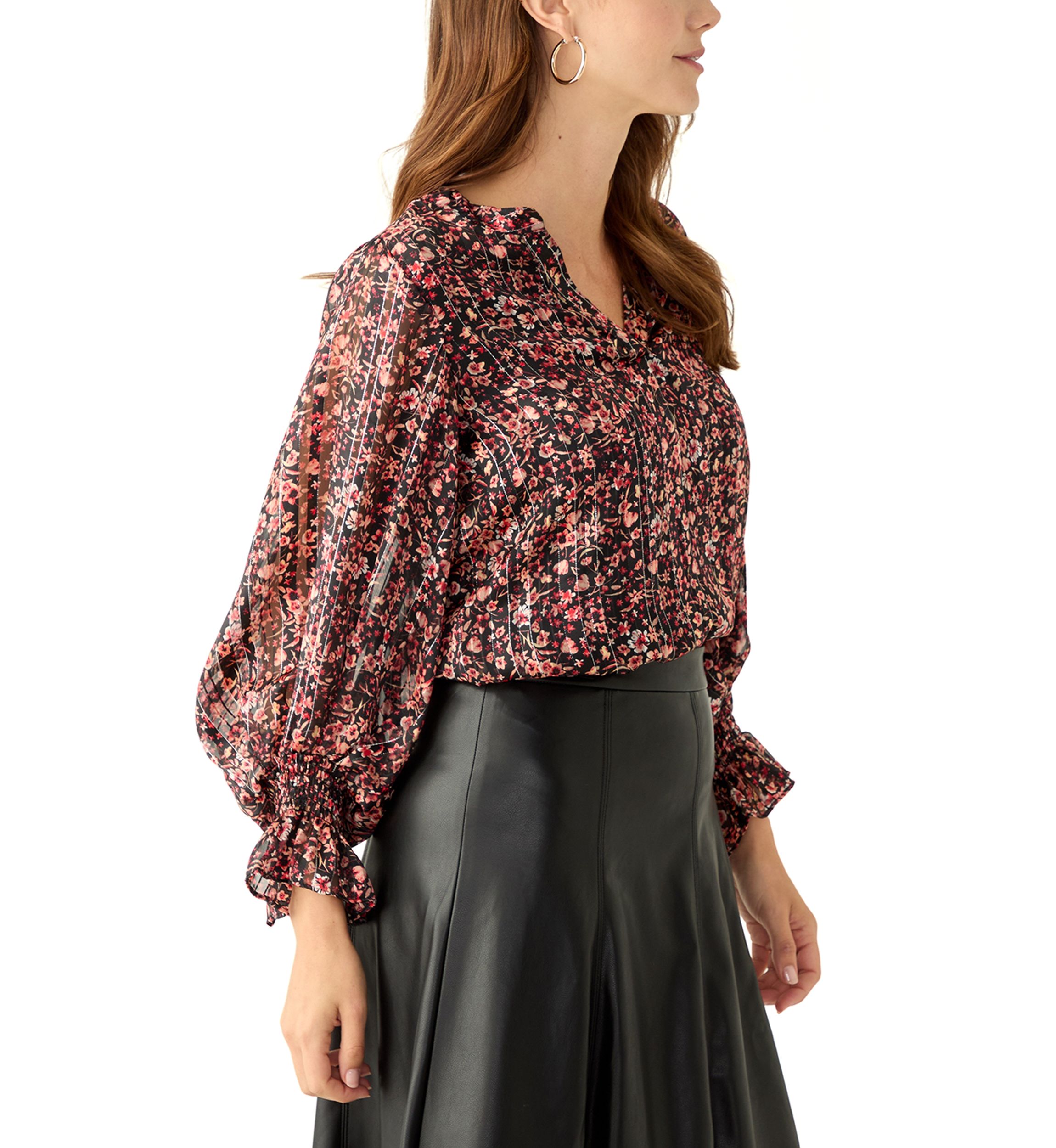 Womens Long Sleeve Split Neck Floral Blouse