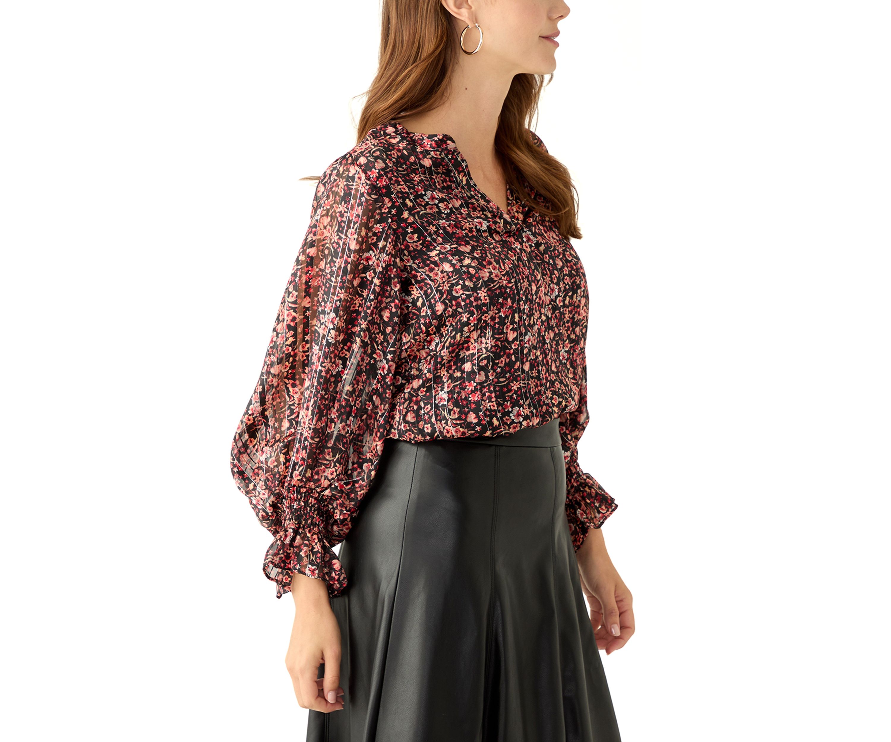 Womens Long Sleeve Split Neck Floral Blouse