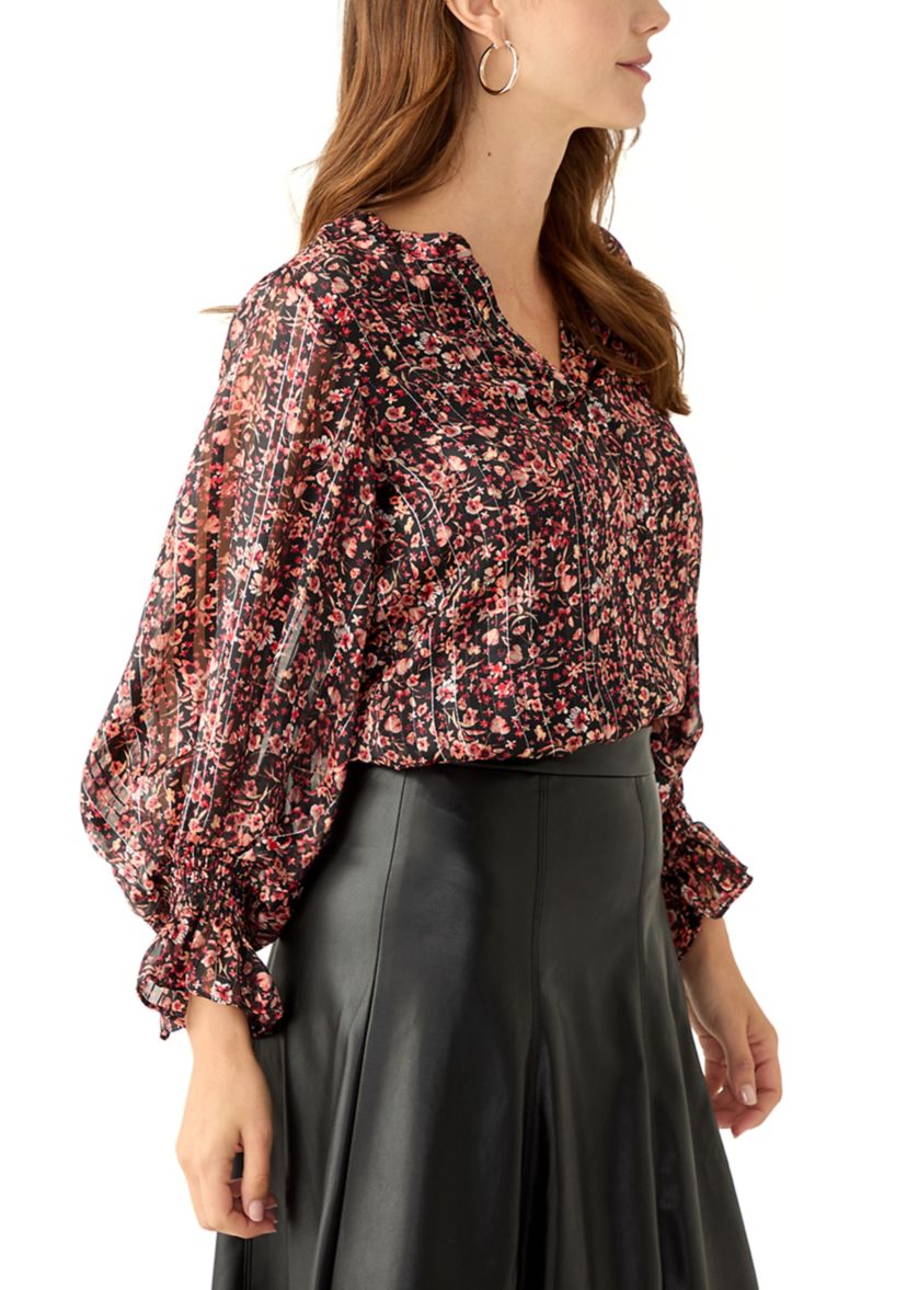 Womens Long Sleeve Split Neck Floral Blouse