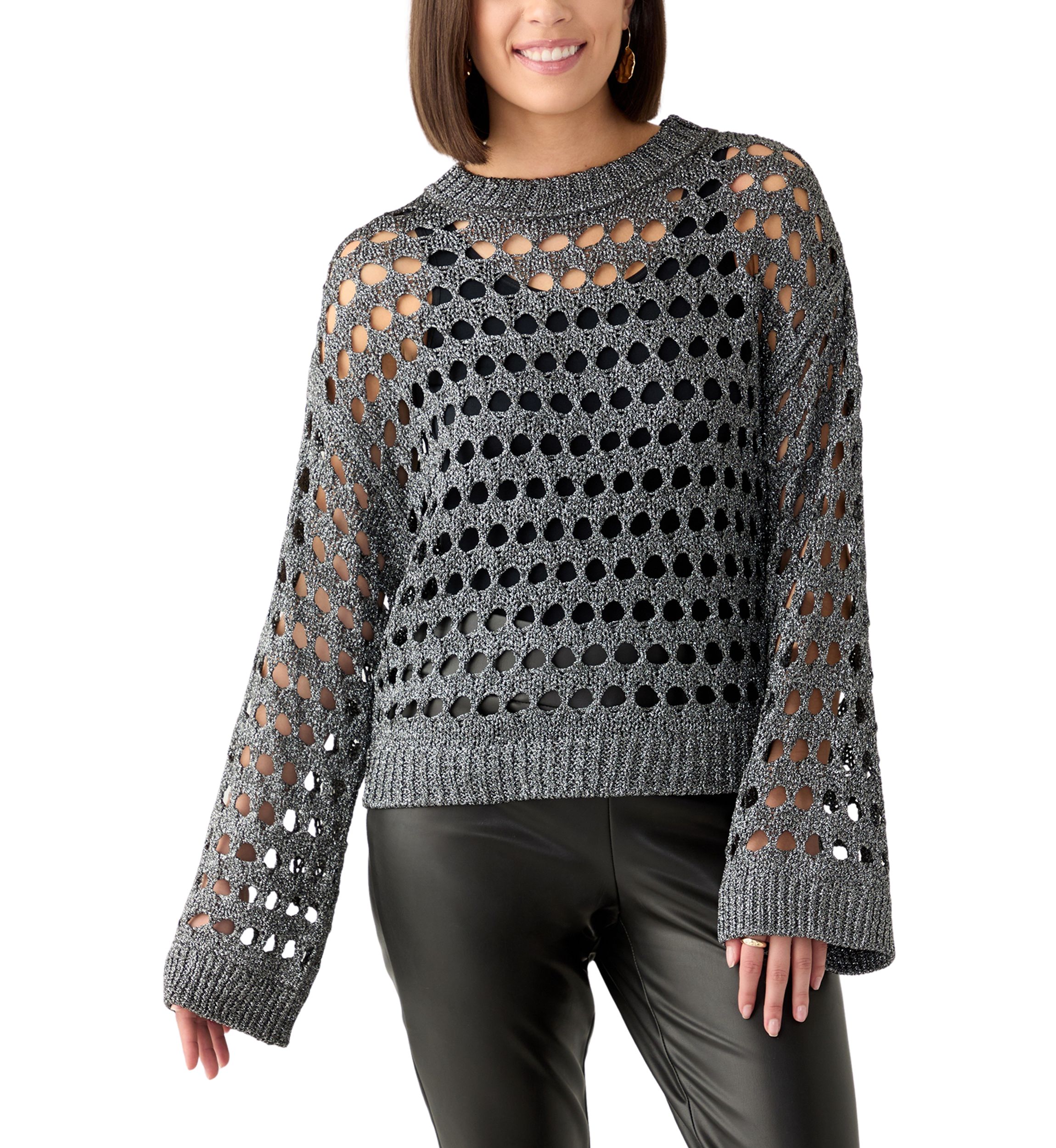 Womens Long Sleeve Lurex Crochet Sweater