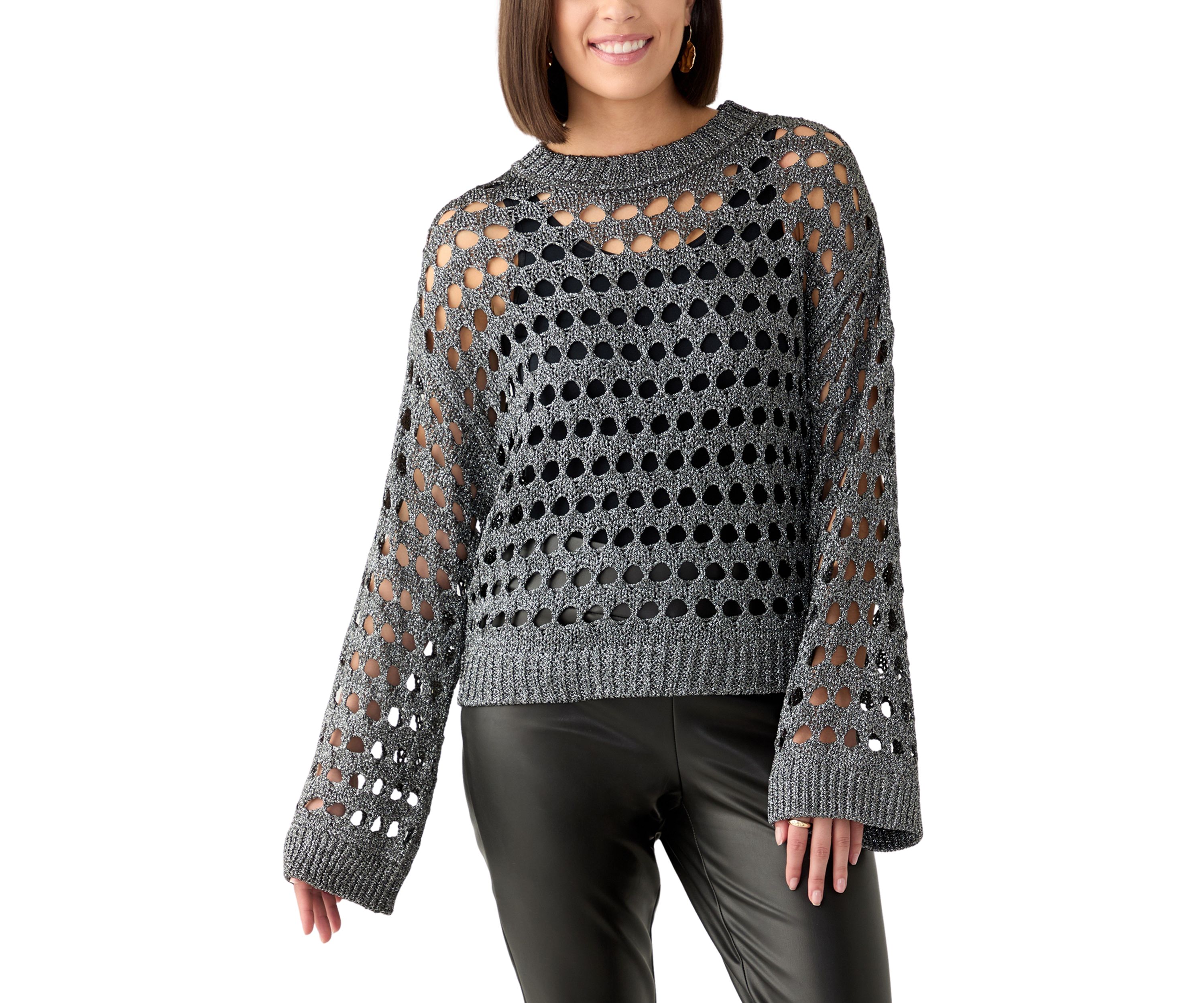 Womens Long Sleeve Lurex Crochet Sweater