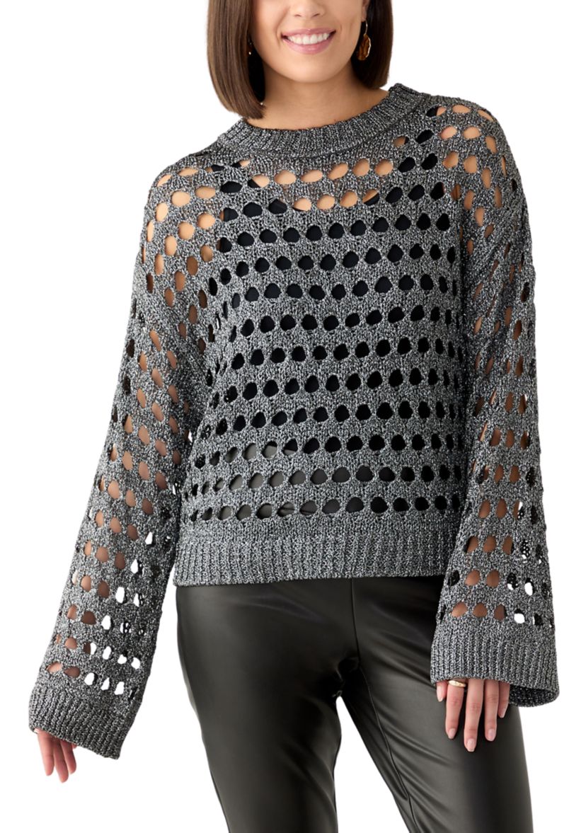 Womens Long Sleeve Lurex Crochet Sweater
