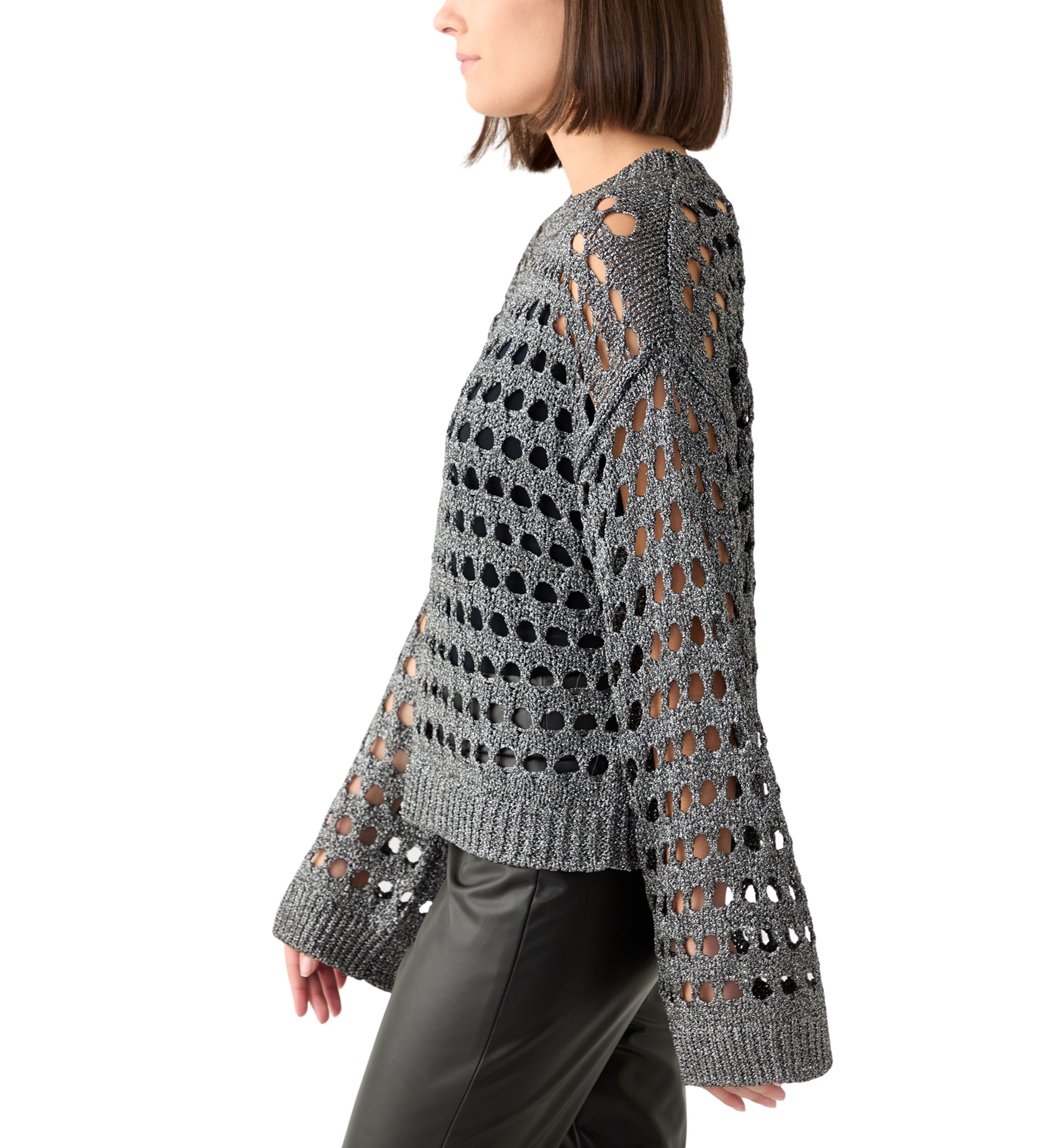 Womens Long Sleeve Lurex Crochet Sweater