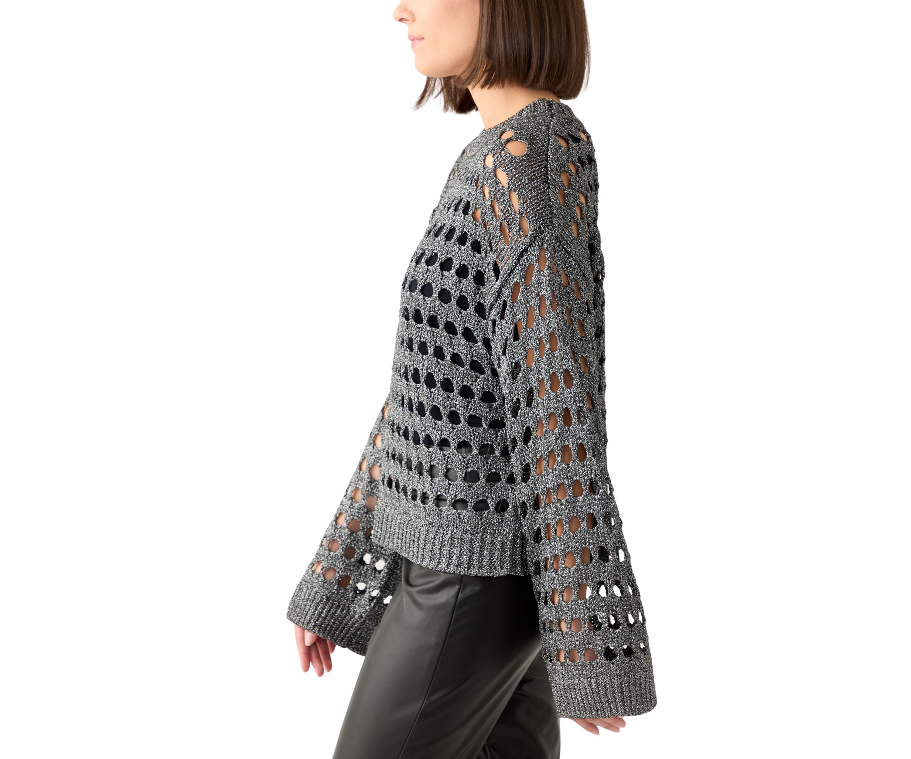 Womens Long Sleeve Lurex Crochet Sweater