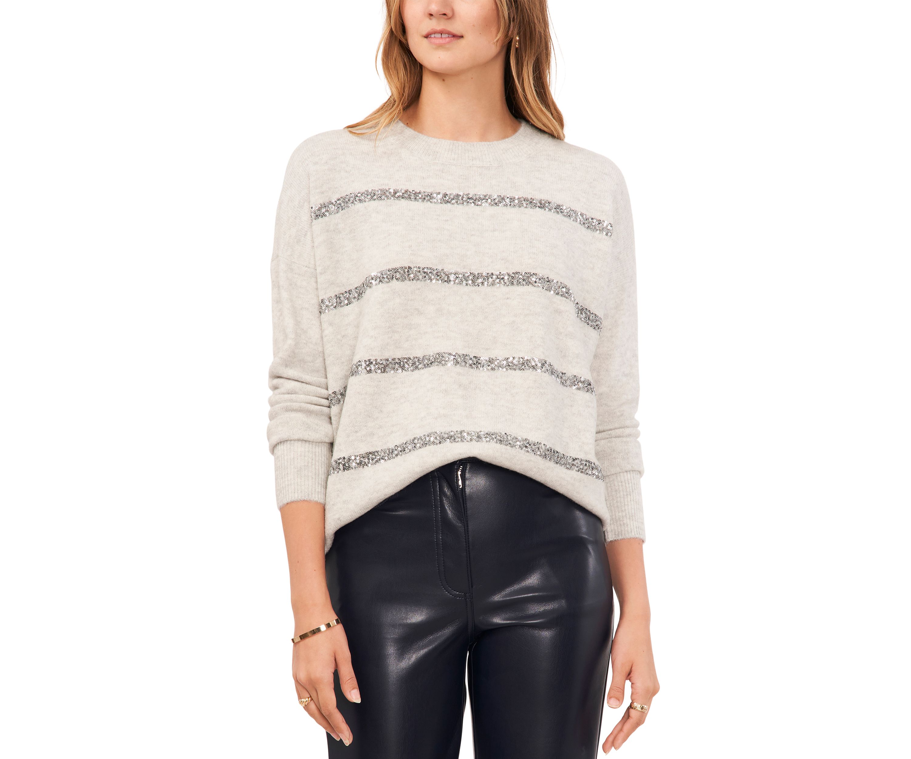Womens Sequin Stripe Crew Neck Sweater