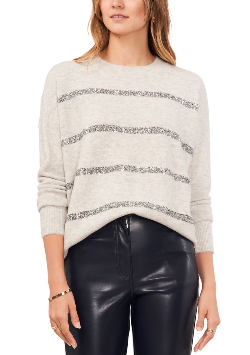 Womens Sequin Stripe Crew Neck Sweater