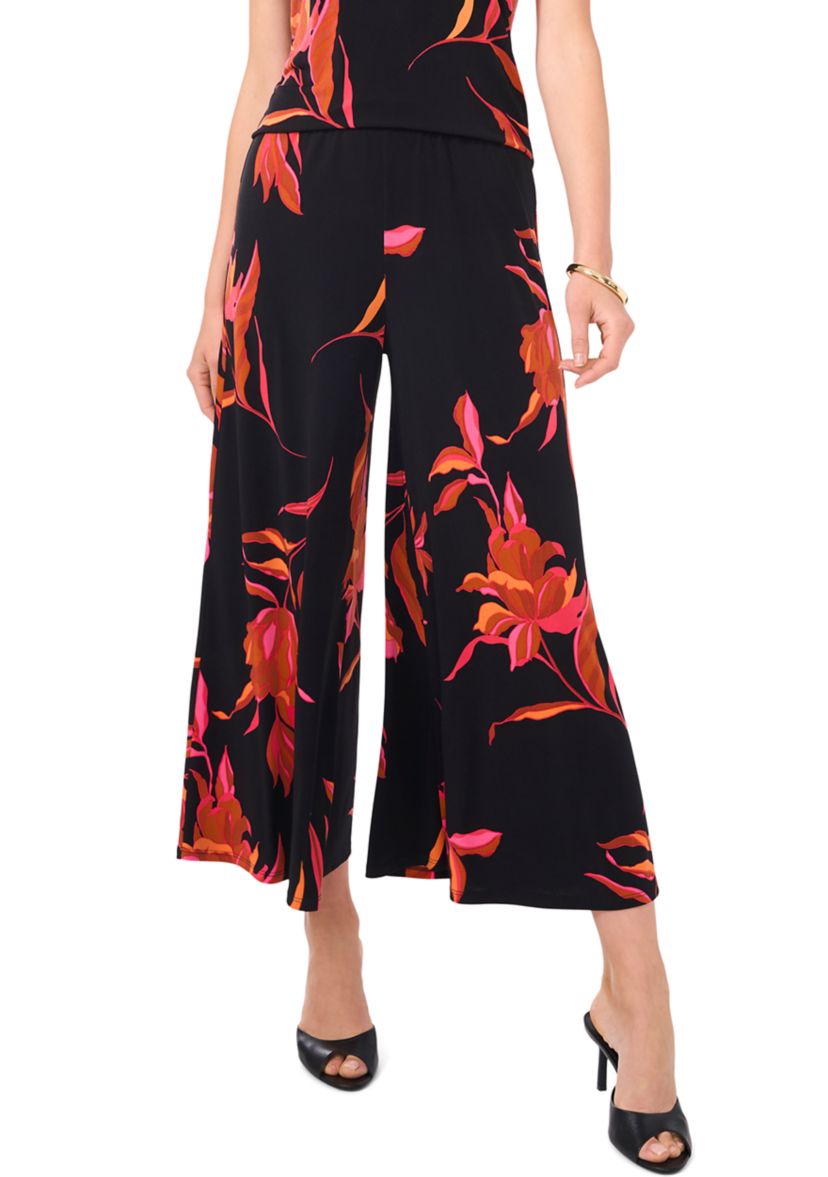 Womens Floral Wide Leg Cropped Pants