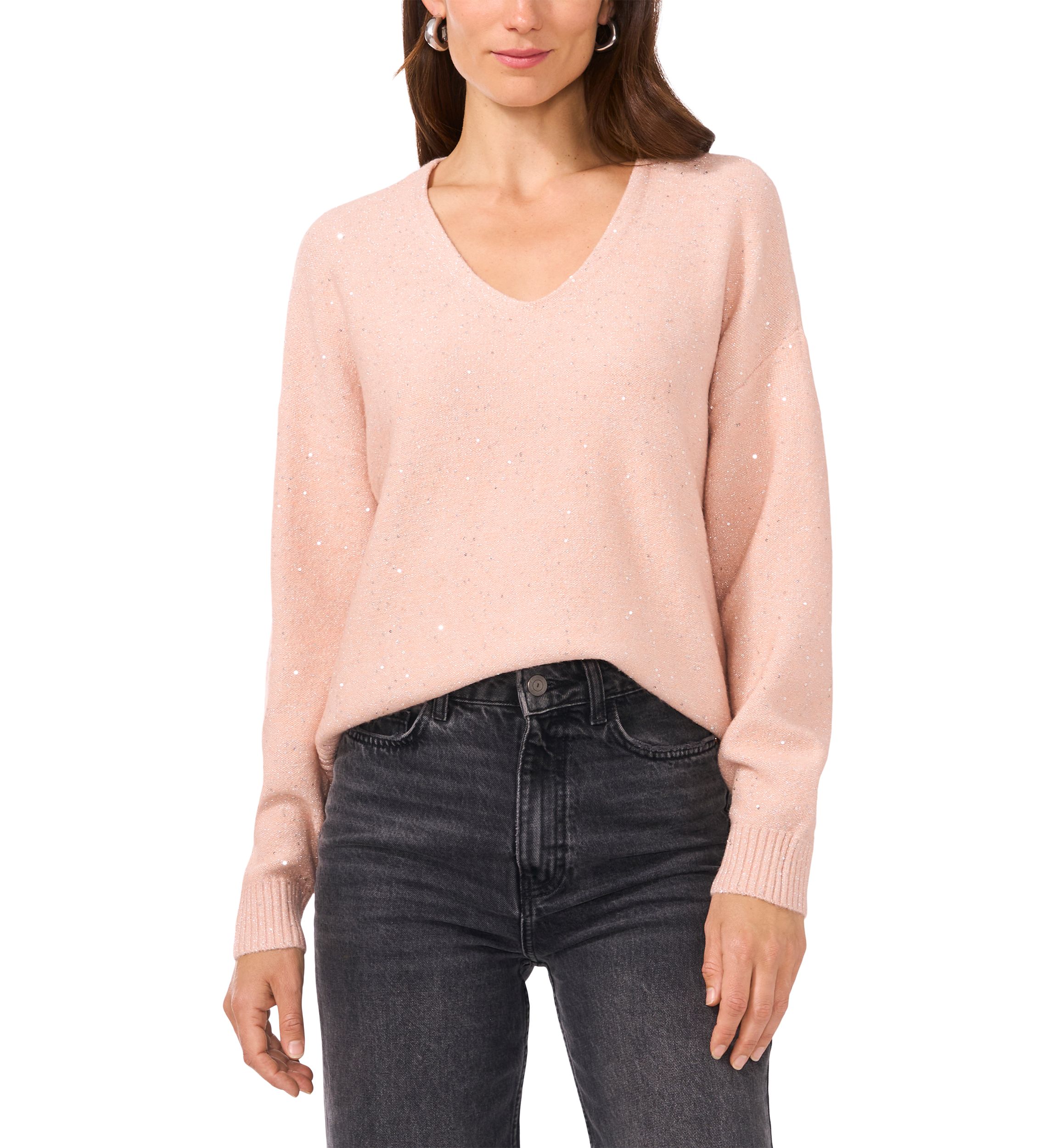 Womens Long Sleeve V-Neck Sequin Sweater 