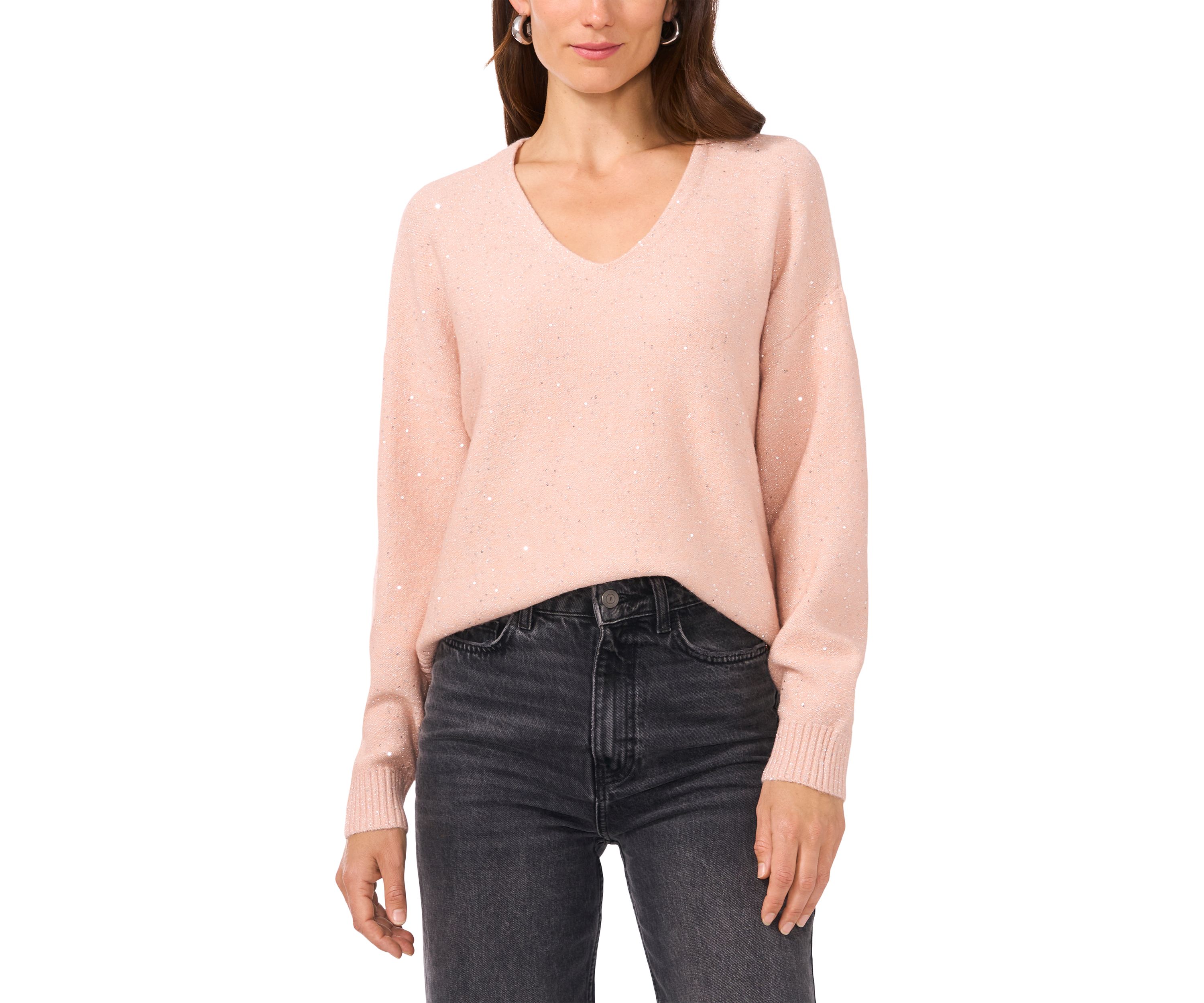 Womens Long Sleeve V-Neck Sequin Sweater 