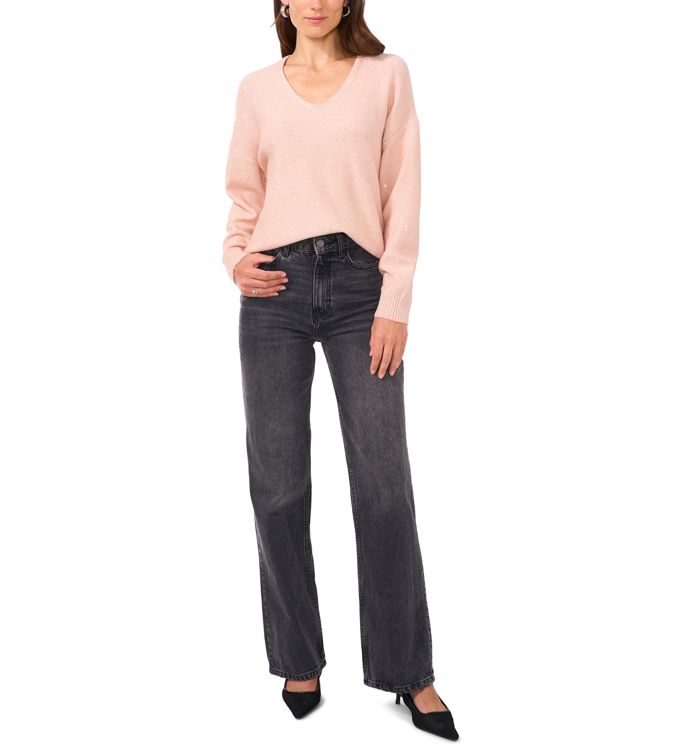 Womens Long Sleeve V-Neck Sequin Sweater 