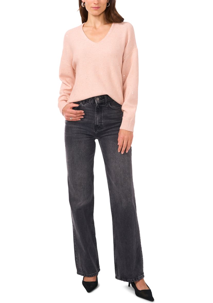 Womens Long Sleeve V-Neck Sequin Sweater 
