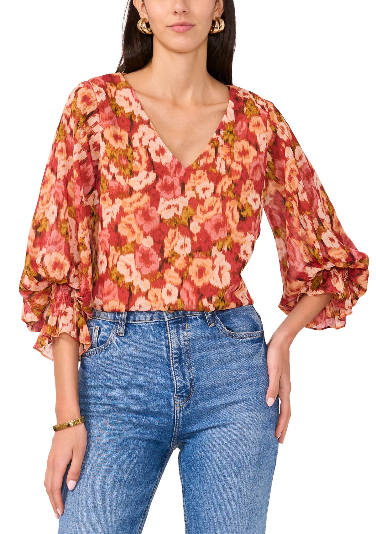 Womens Printed Smocked Sleeve Blouse
