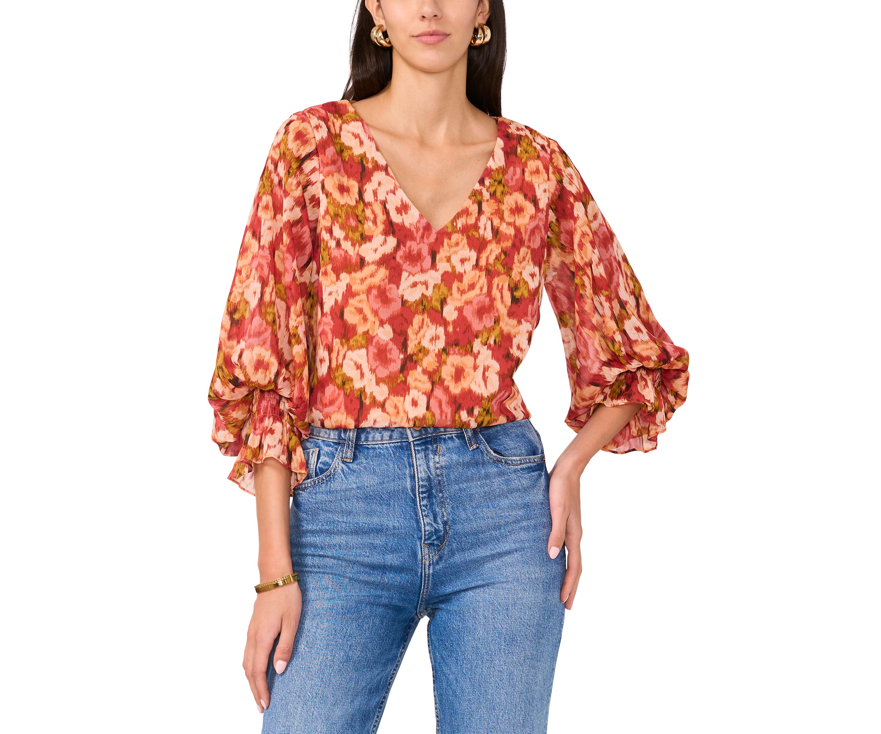 Womens Printed Smocked Sleeve Blouse