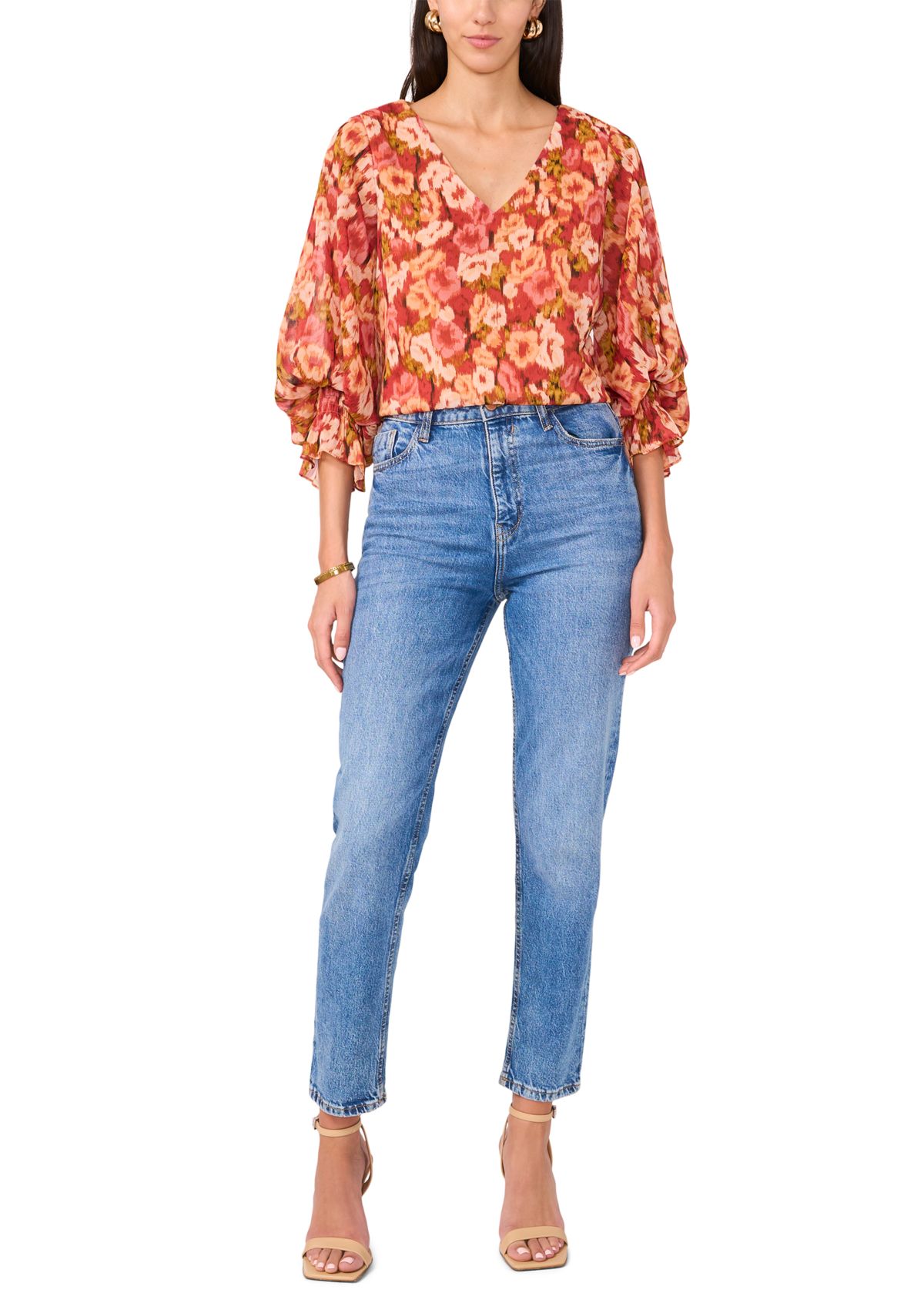 Womens Printed Smocked Sleeve Blouse