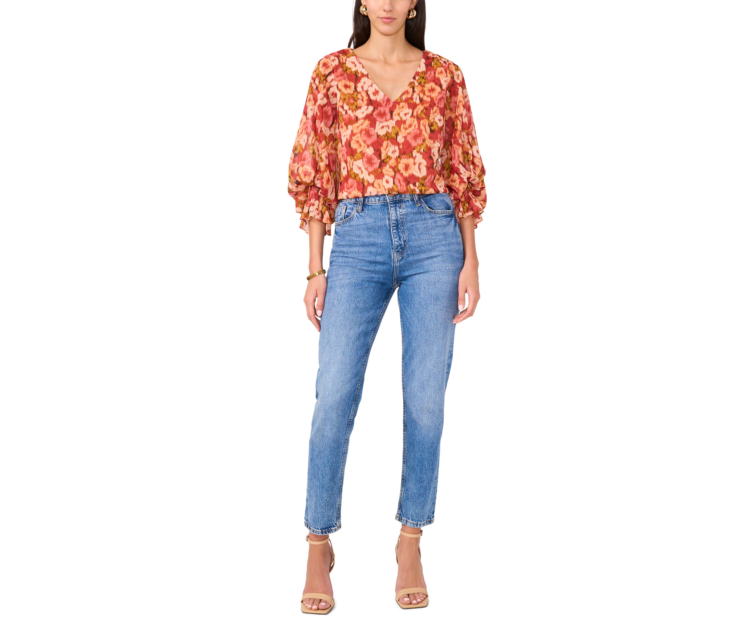 Womens Printed Smocked Sleeve Blouse