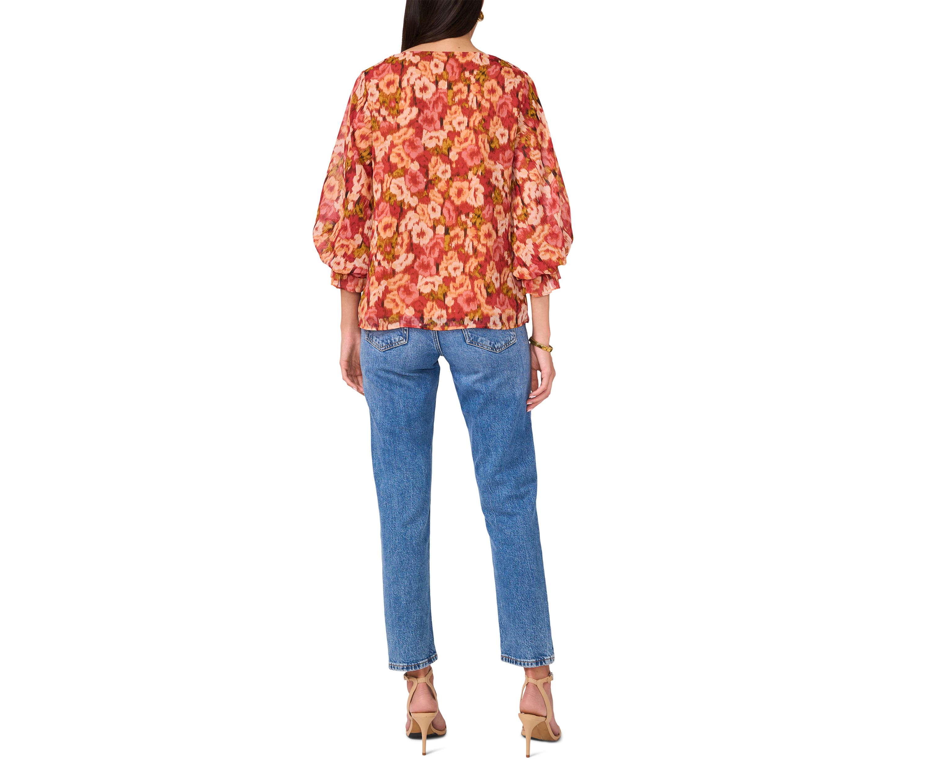 Womens Printed Smocked Sleeve Blouse