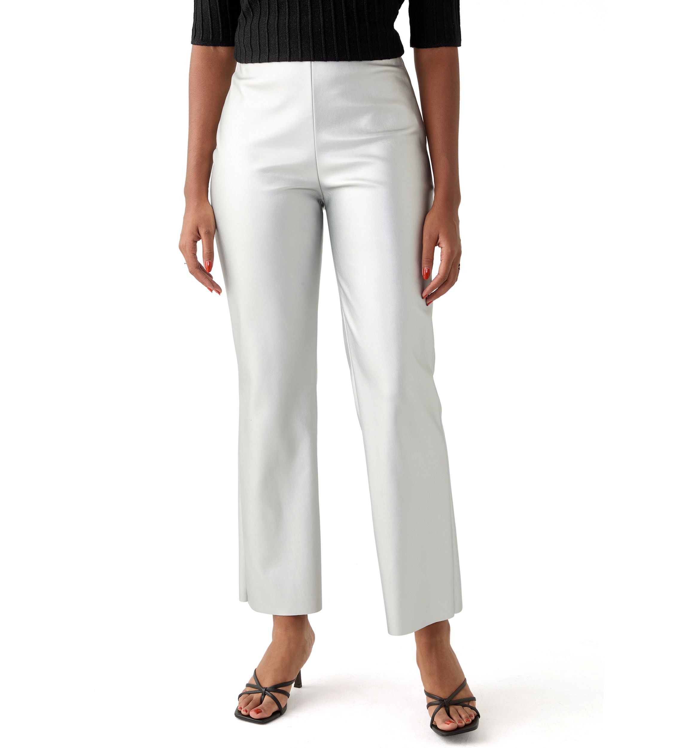 Womens Crop Flare Coated Vegan Leather Pants