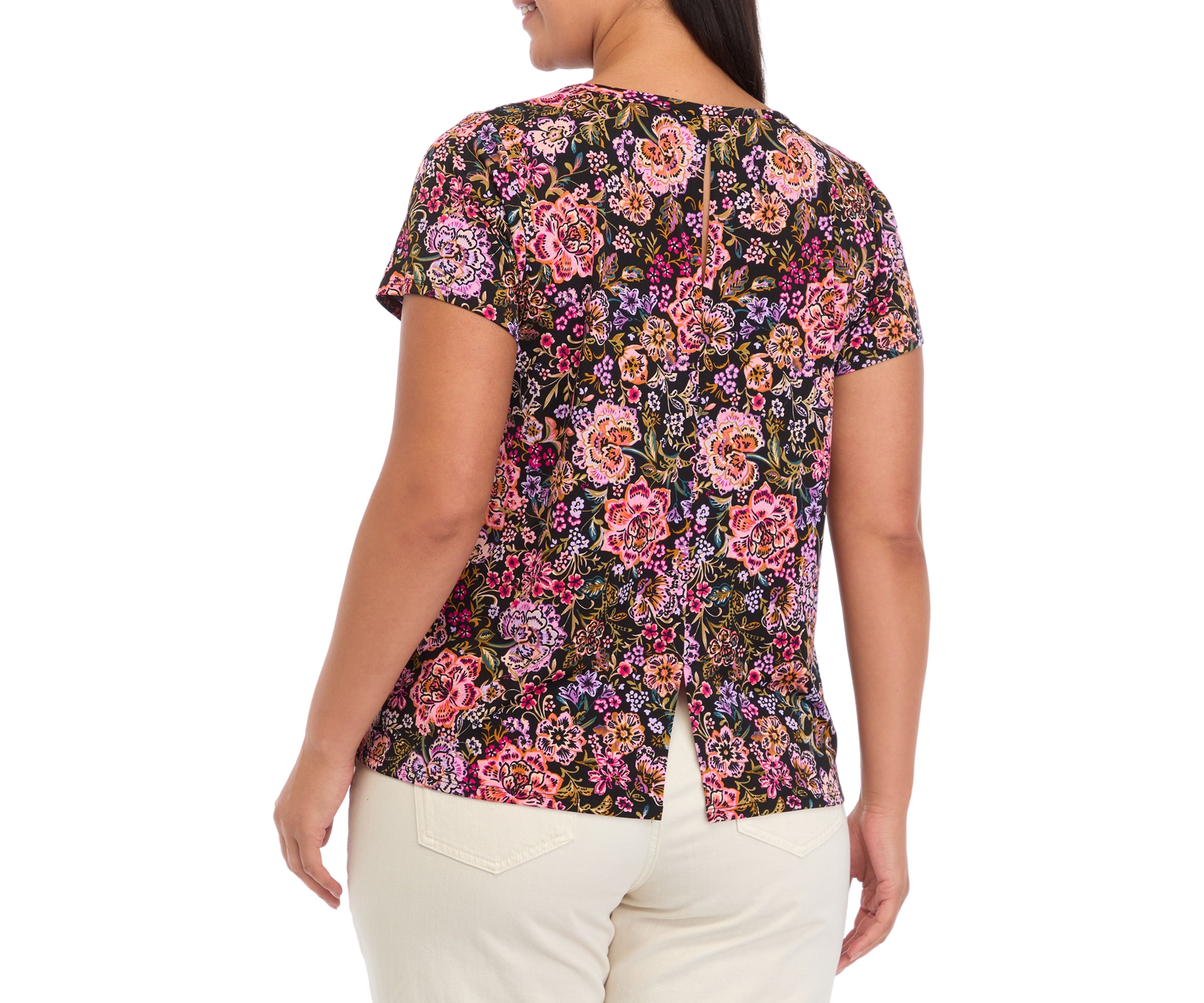 Womens Crew Neck Short Sleeve Split Neck Top 