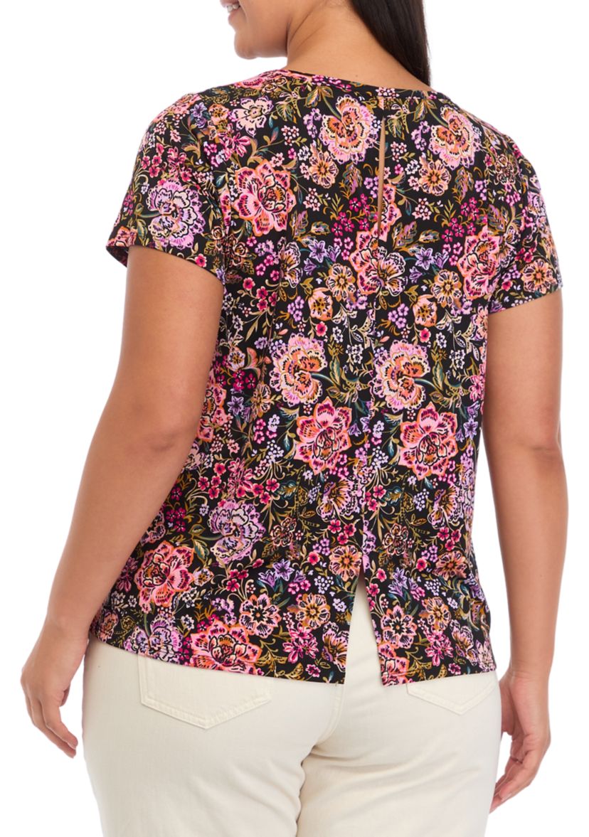 Womens Crew Neck Short Sleeve Split Neck Top 