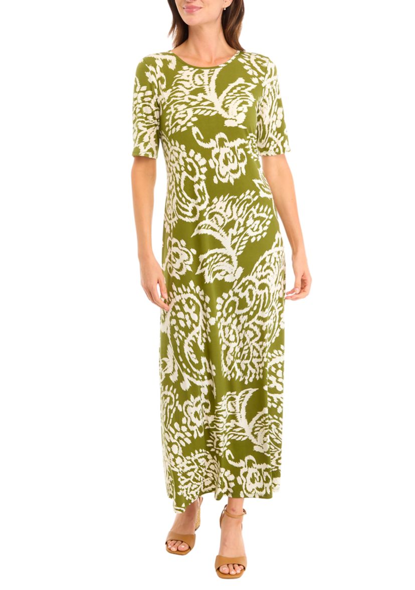 Womens Elbow Sleeve Paisley Printed Maxi Dress 