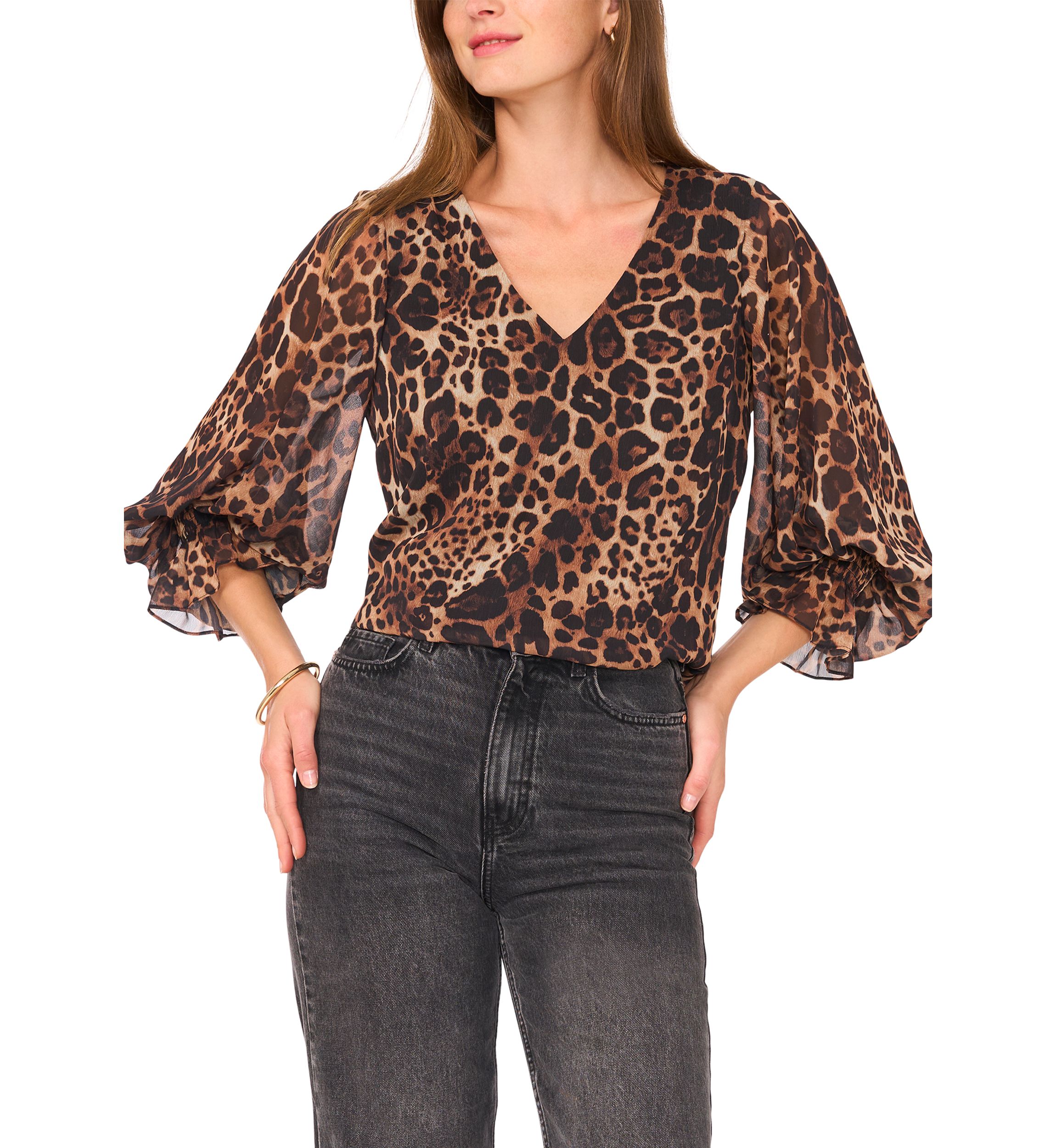 Womens 3/4 Sleeve V-Neck Leopard Print Blouse