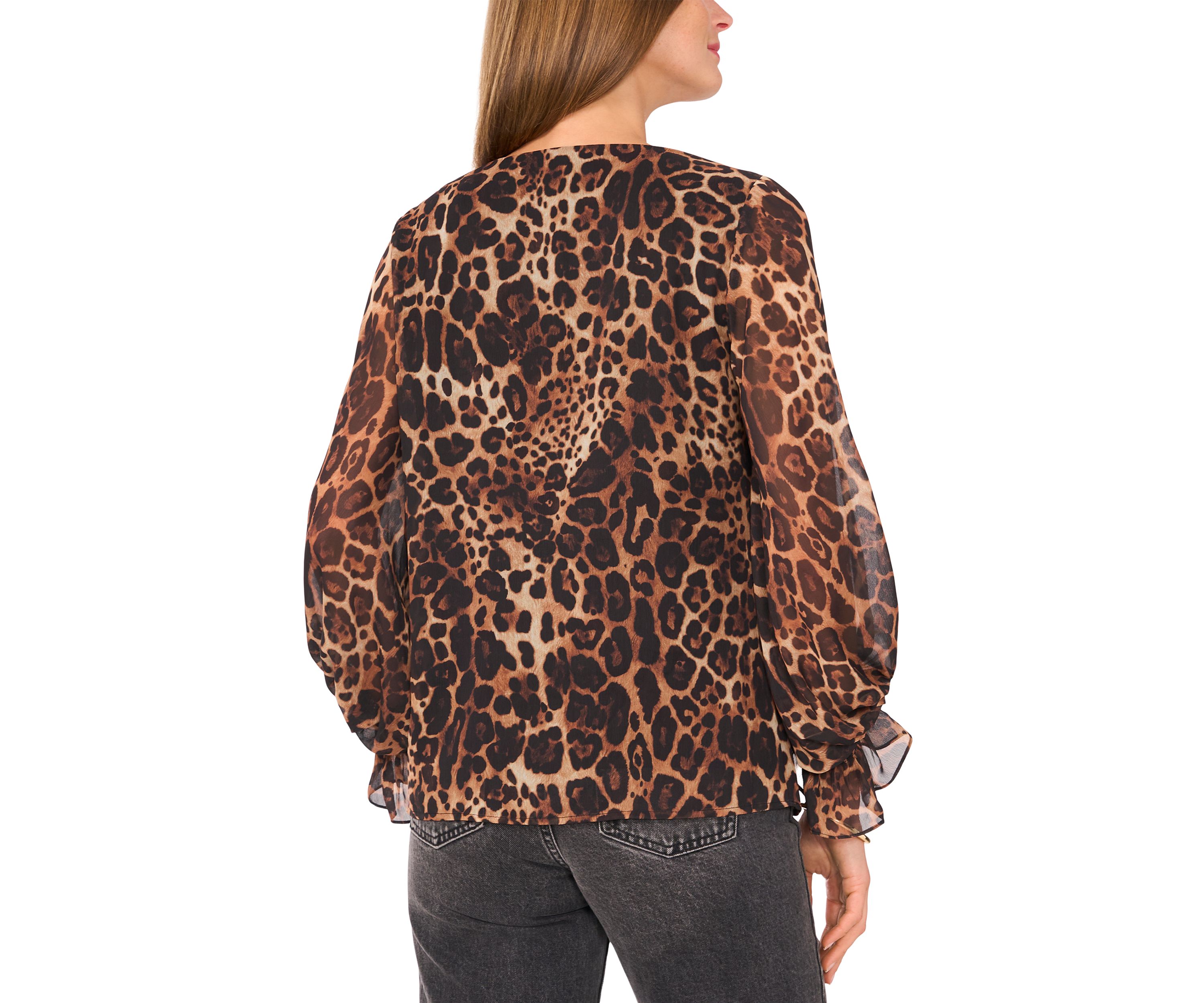 Womens 3/4 Sleeve V-Neck Leopard Print Blouse