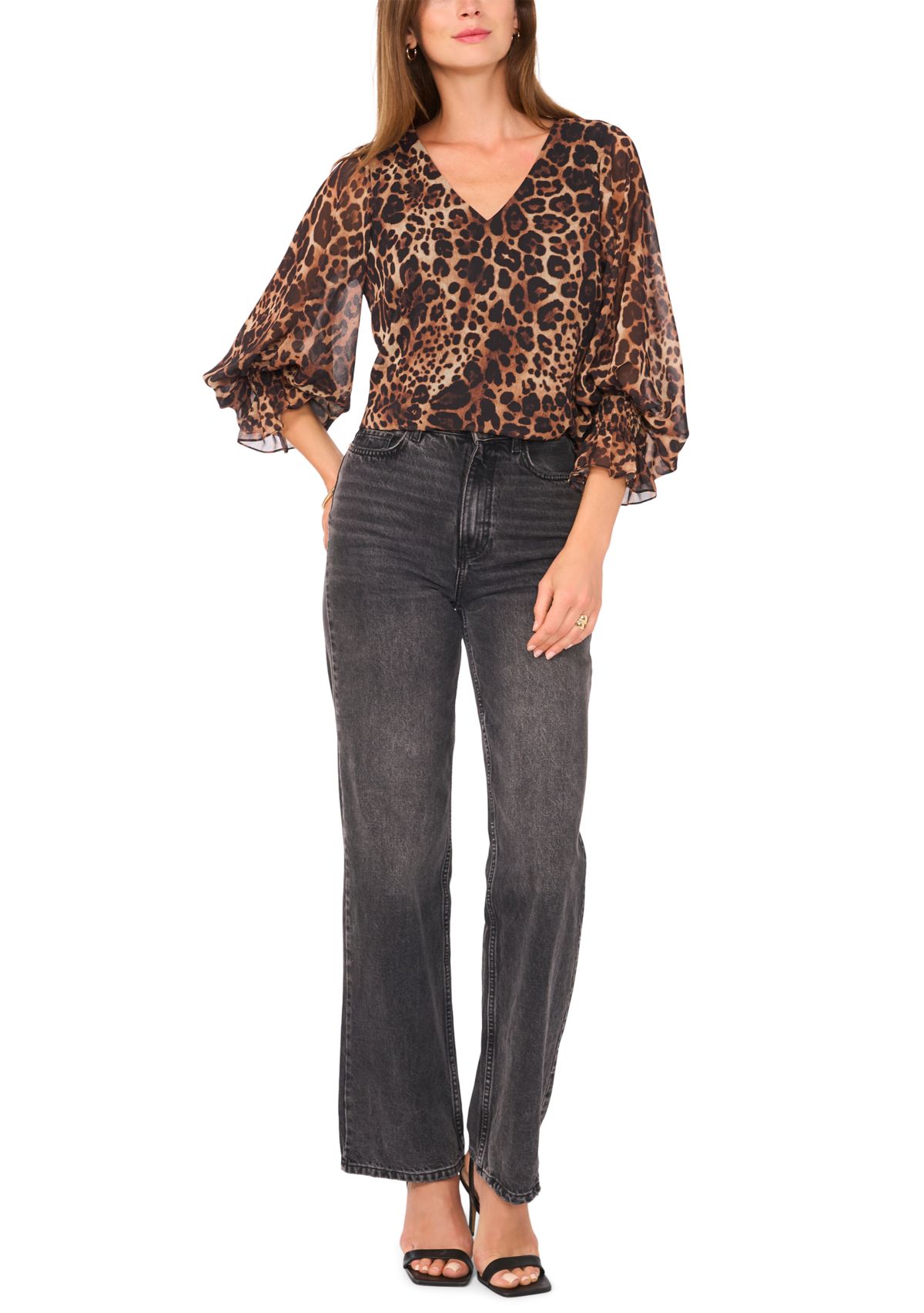Womens 3/4 Sleeve V-Neck Leopard Print Blouse