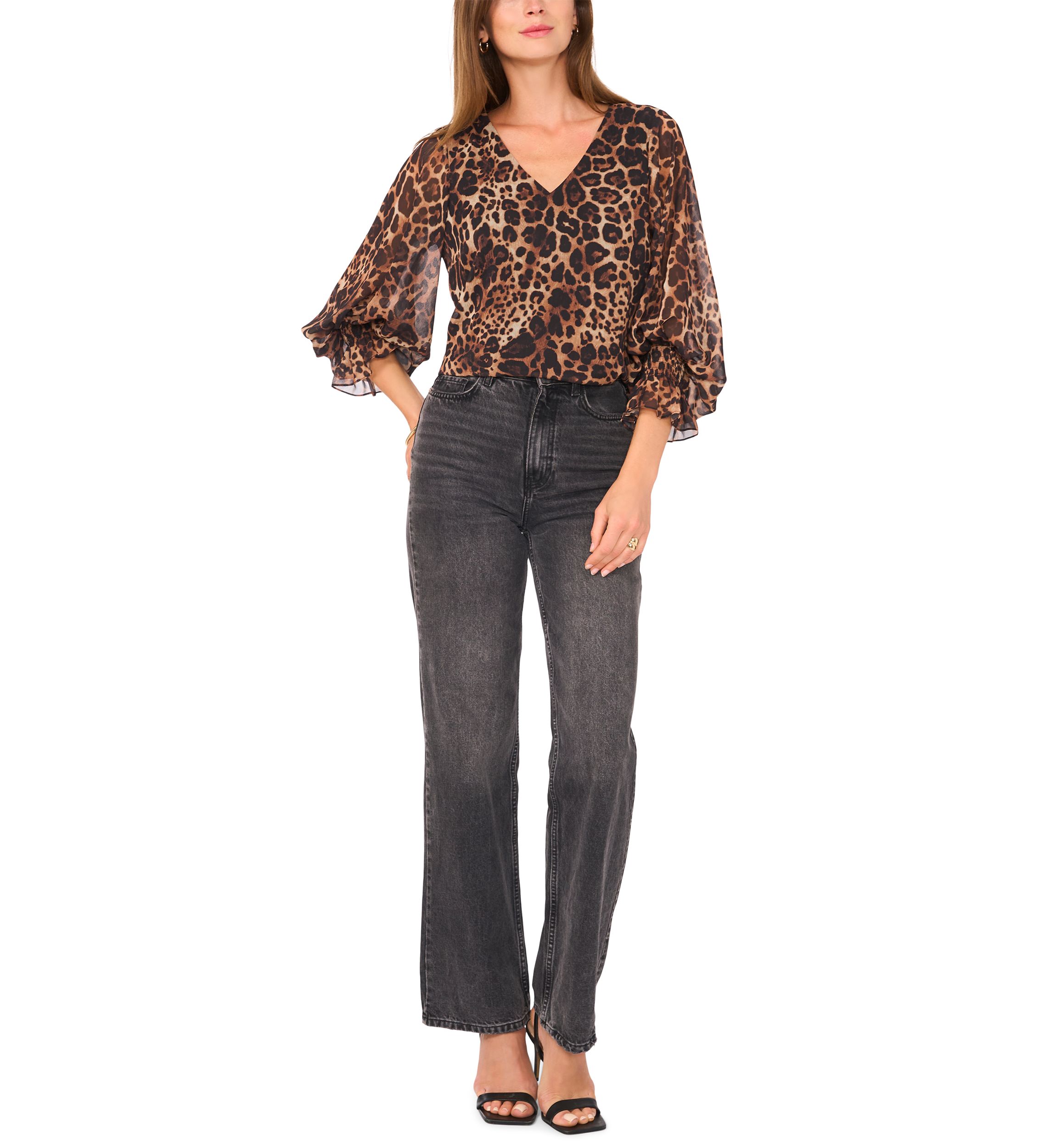 Womens 3/4 Sleeve V-Neck Leopard Print Blouse