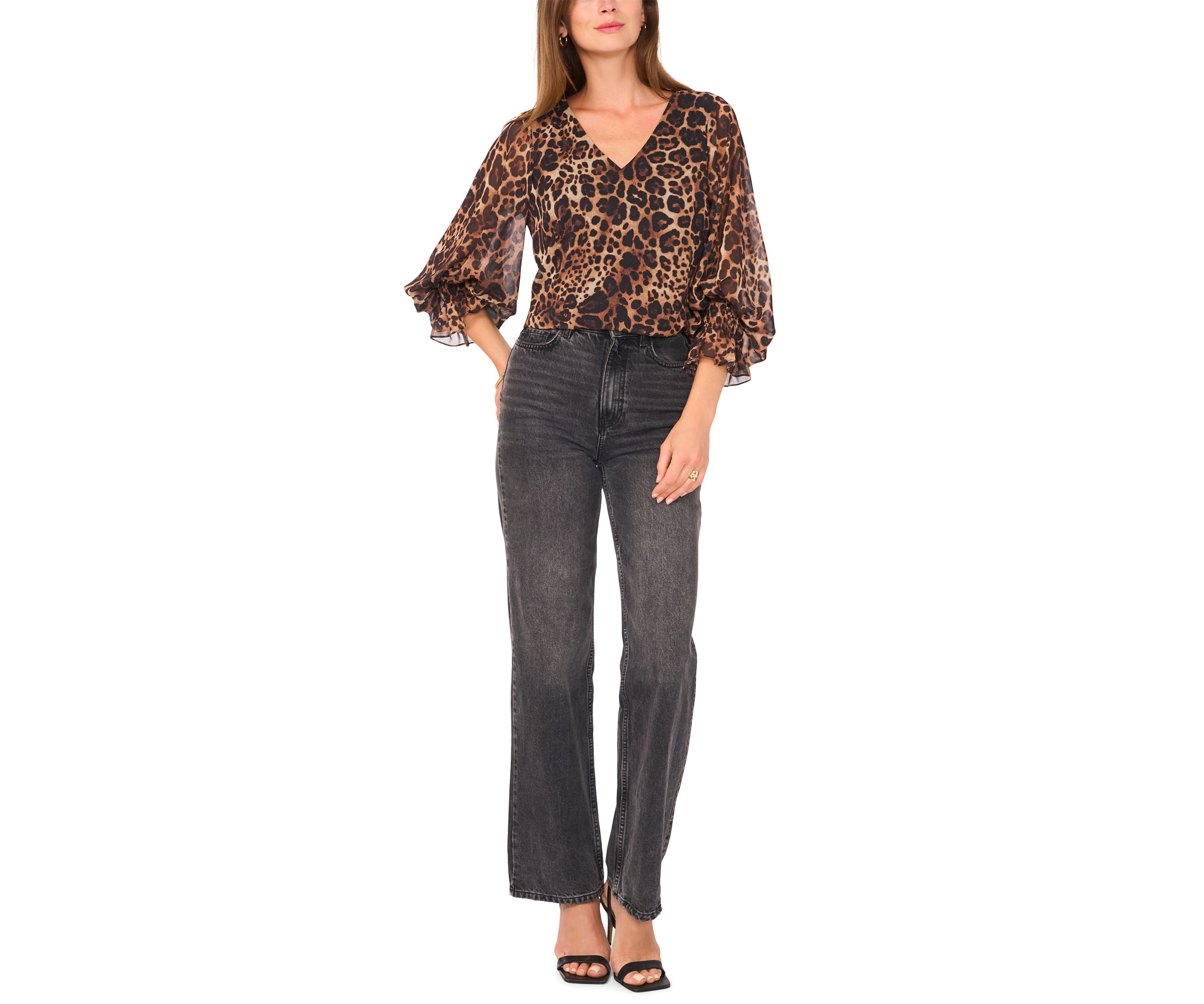 Womens 3/4 Sleeve V-Neck Leopard Print Blouse