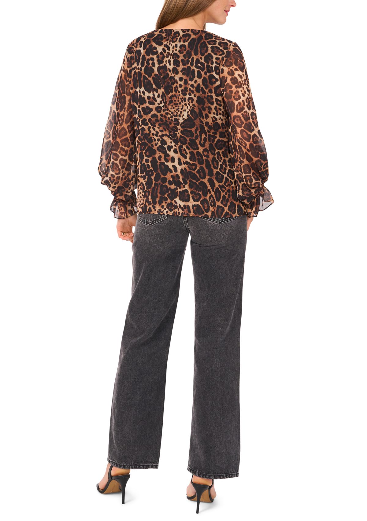 Womens 3/4 Sleeve V-Neck Leopard Print Blouse